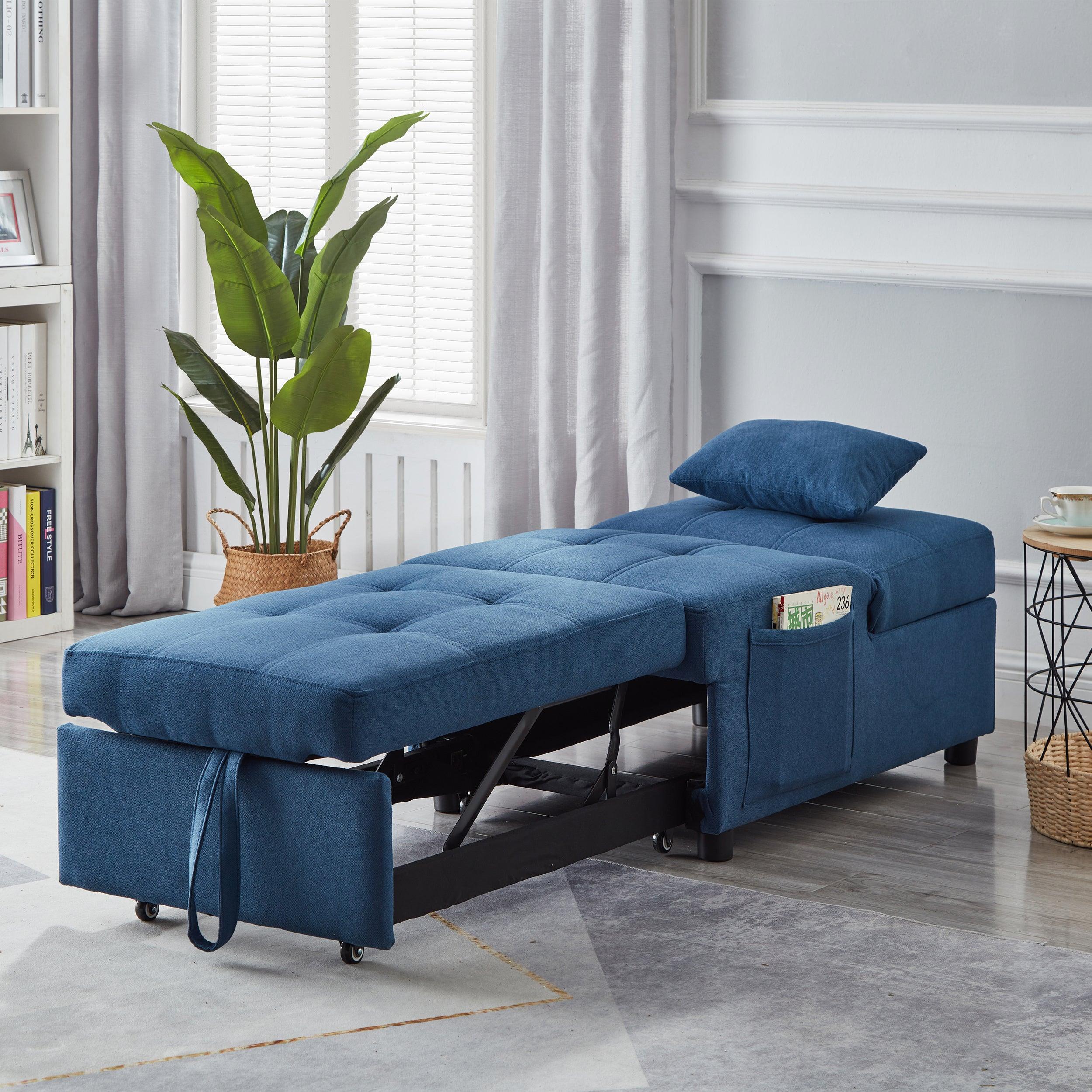 🆓🚛 Living Room Bed Room Furniture With Blue Linen Fabric Recliner Chair Bed