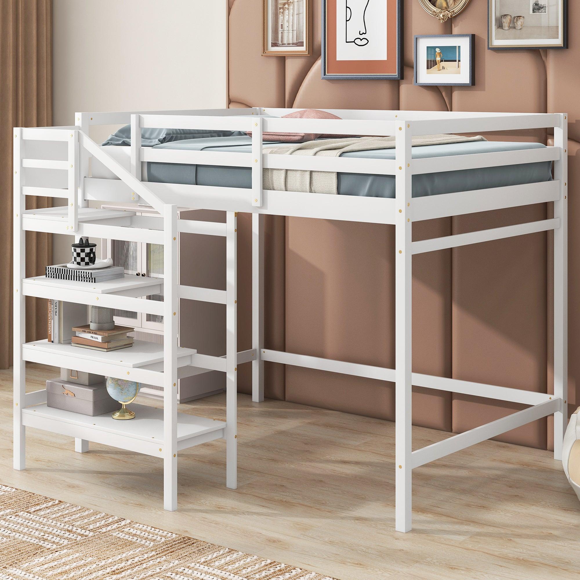 🆓🚛 Full Size Loft Bed With Built-in Storage Staircase & Hanger for Clothes, White
