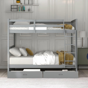 Full-Over-Full Bunk Bed with Ladders and Two Storage Drawers (Gray)