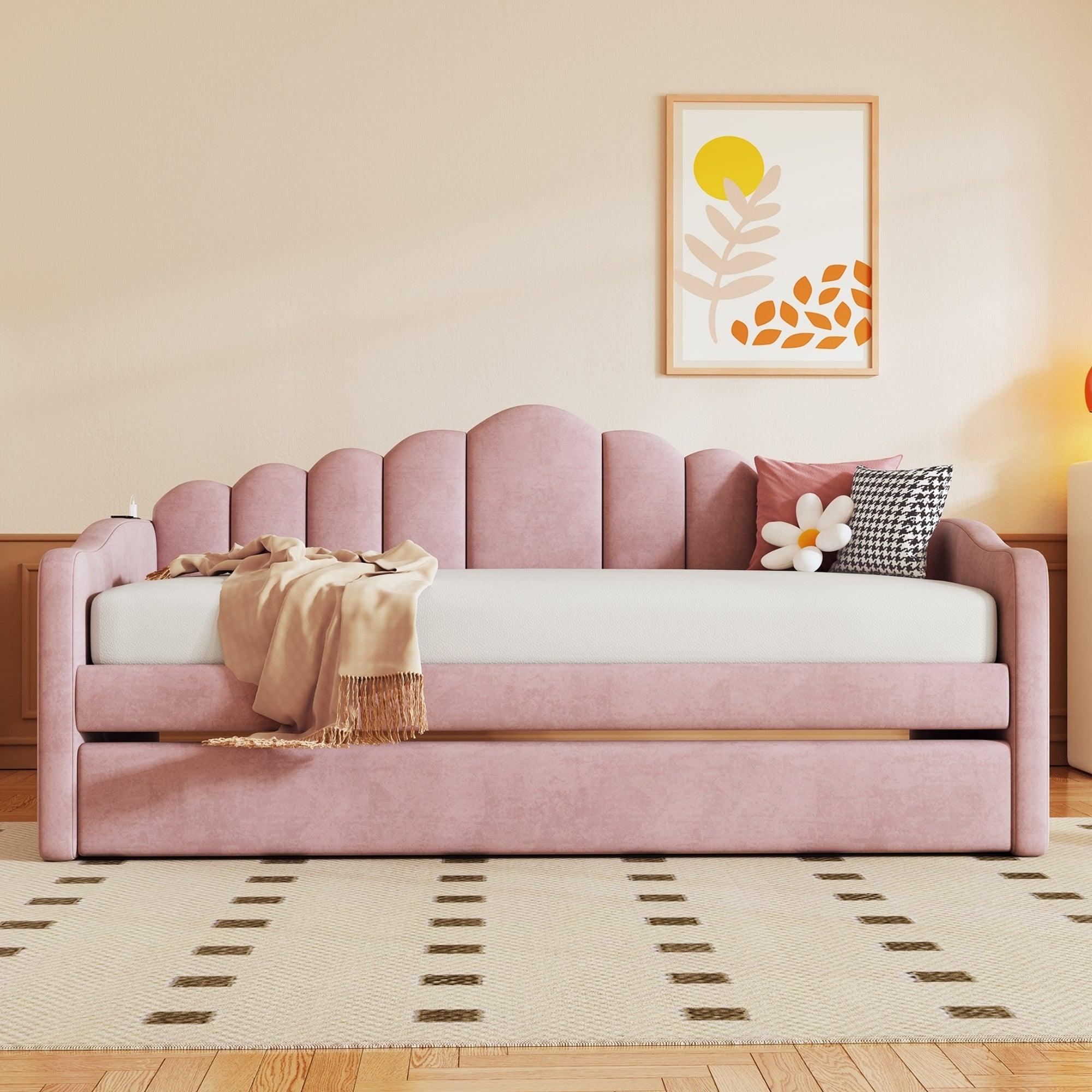 🆓🚛 Twin Size Upholstered Daybed With Trundle, Velvet Sofabed With Usb Charging Ports, No Box-Spring Needed, Pink