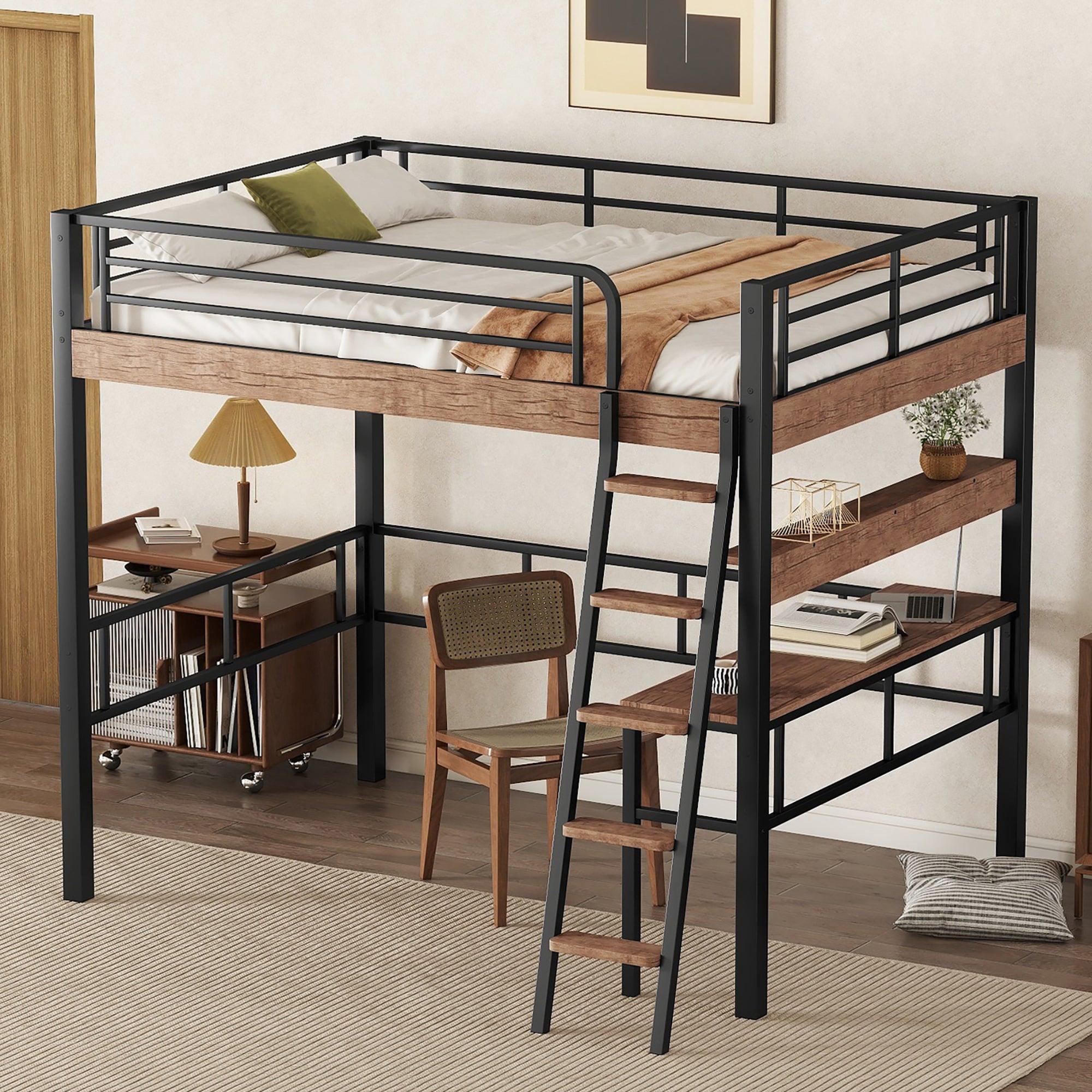 🆓🚛 Metal Full Size Loft Bed With Built-in Desk, Storage Shelf & Ladder, Black