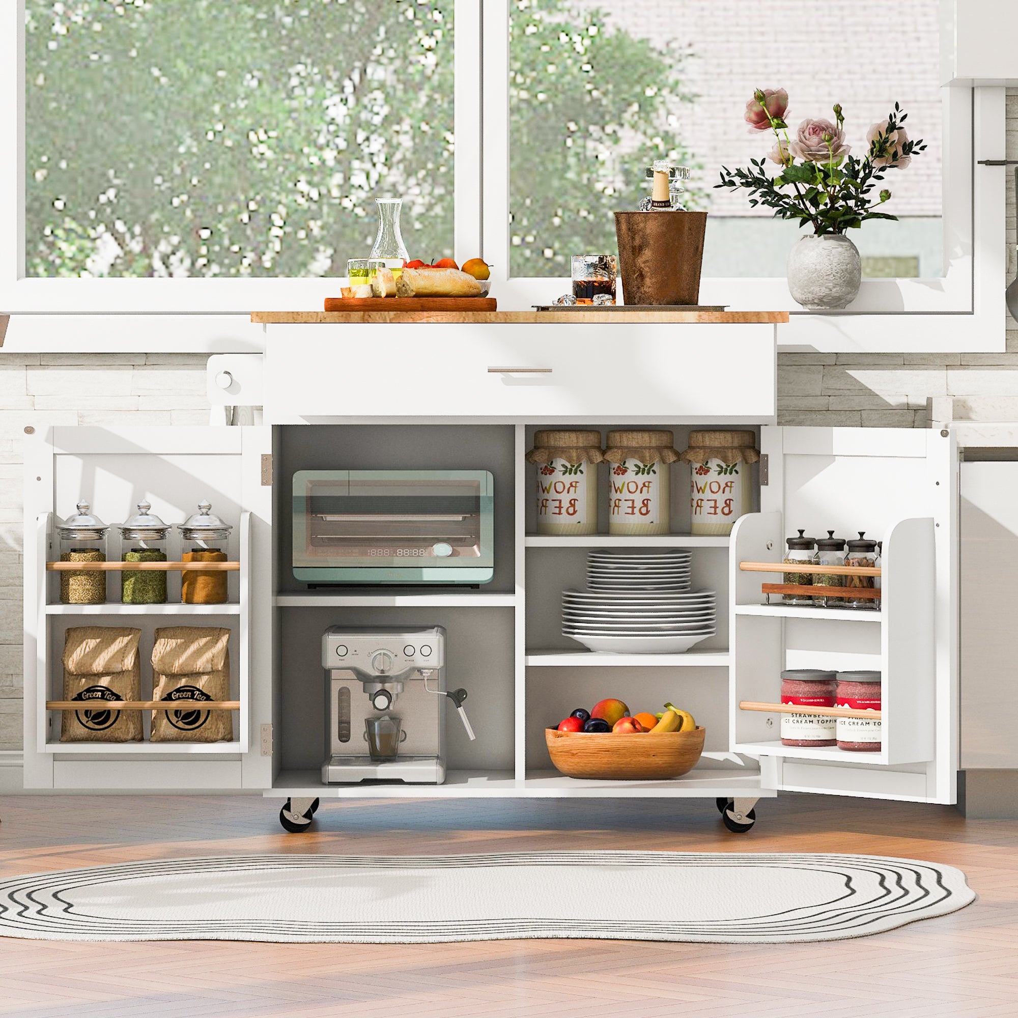 🆓🚛 Rolling Kitchen Island With Storage, Kitchen Cart With Rubber Wood Top, Spacious Drawer With Divider and Internal Storage Rack, Kitchen Island On Wheels With Adjustable Shelf Tower Rack, White