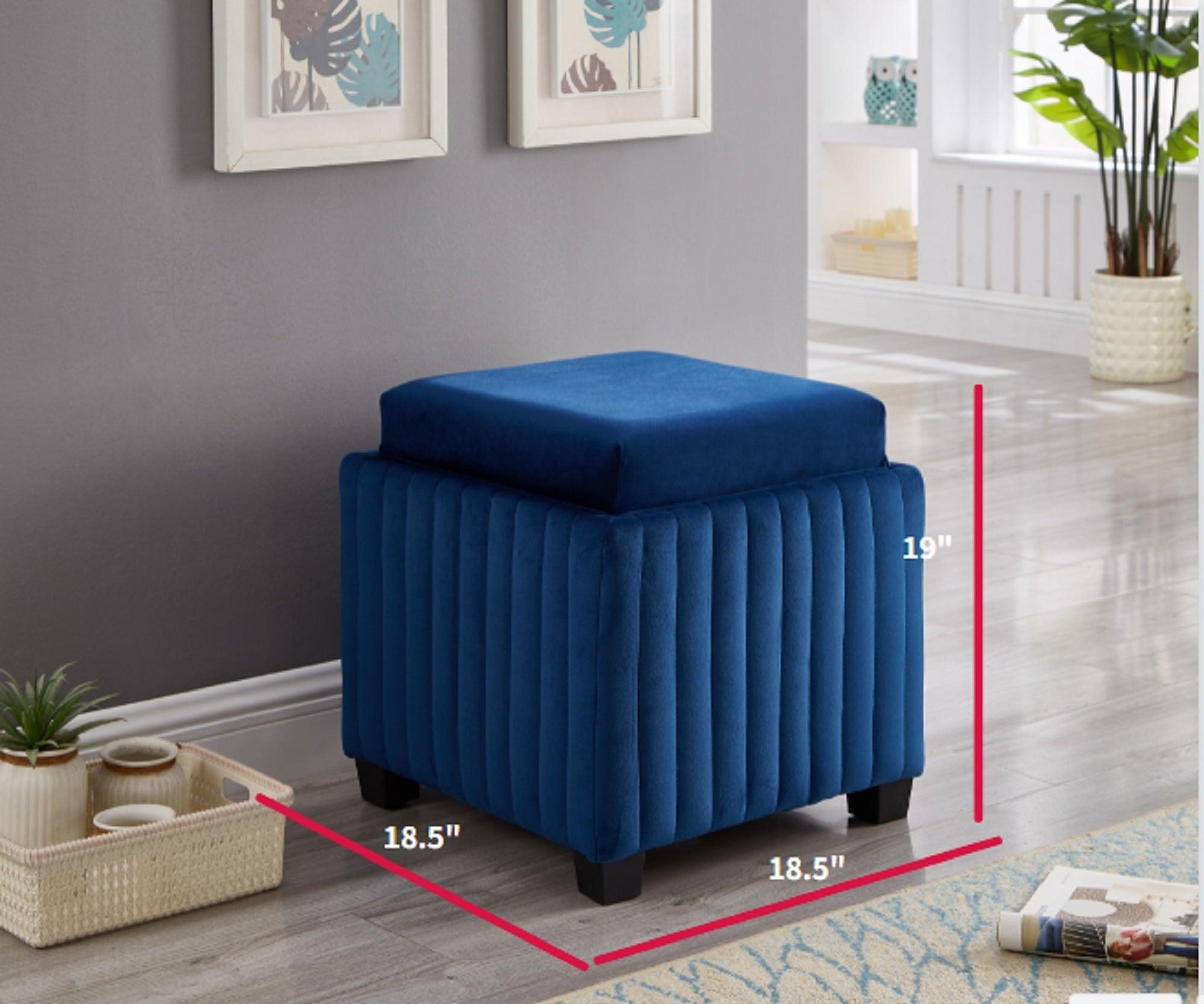 18" Wide Velvet Contemporary Square Cube Storage Ottoman, Blue