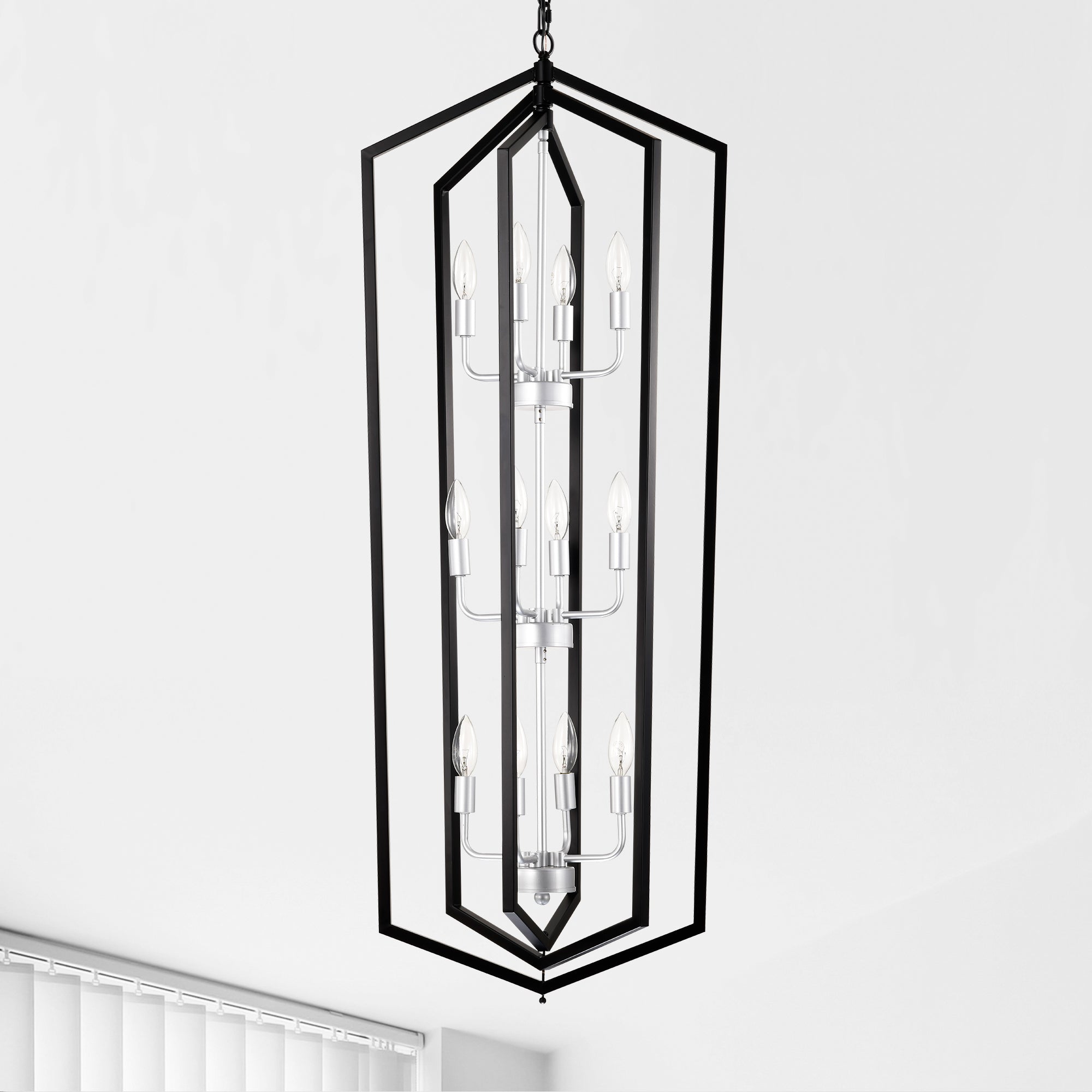 12-Light  Farmhouse Kitchen Chandeliers, Matte Black and Sliver Vintage Rustic Cage Light Fixture Adjustable Height Chandeliers for Dining Room Hallway Foyer Entryway (E12 Bulbs Not Included)