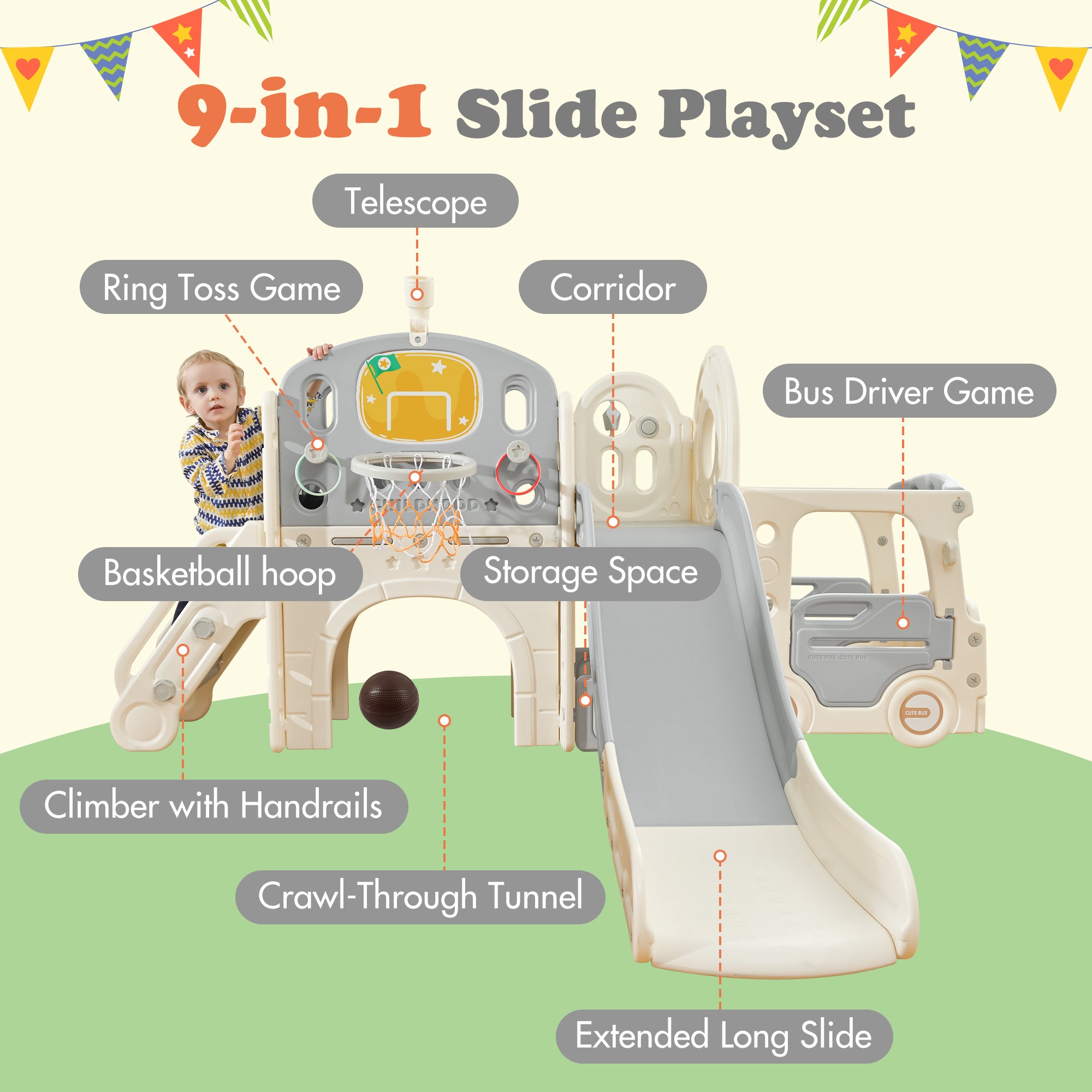🆓🚛 Kids Slide Playset Structure 9 In 1, Freestanding Castle Climbing Crawling Playhouse With Slide, Arch Tunnel, Ring Toss, Realistic Bus Model & Basketball Hoop, Toy Storage Organizer for Toddlers, Gray & White