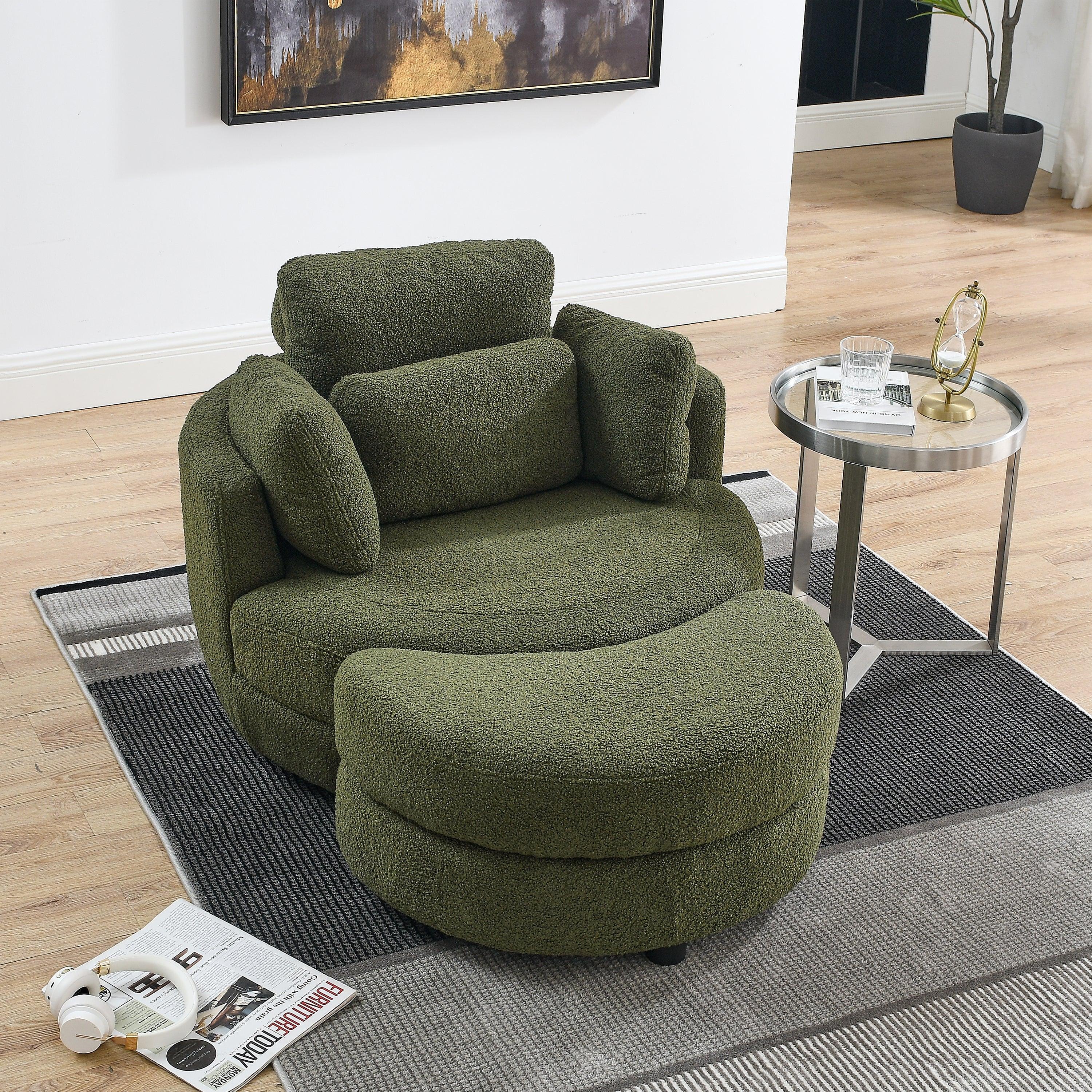 🆓🚛 39"W Oversized Teddy Fabric Swivel Chair With Moon Storage Ottoman for Living Room, 4 Pillows, Olive Green