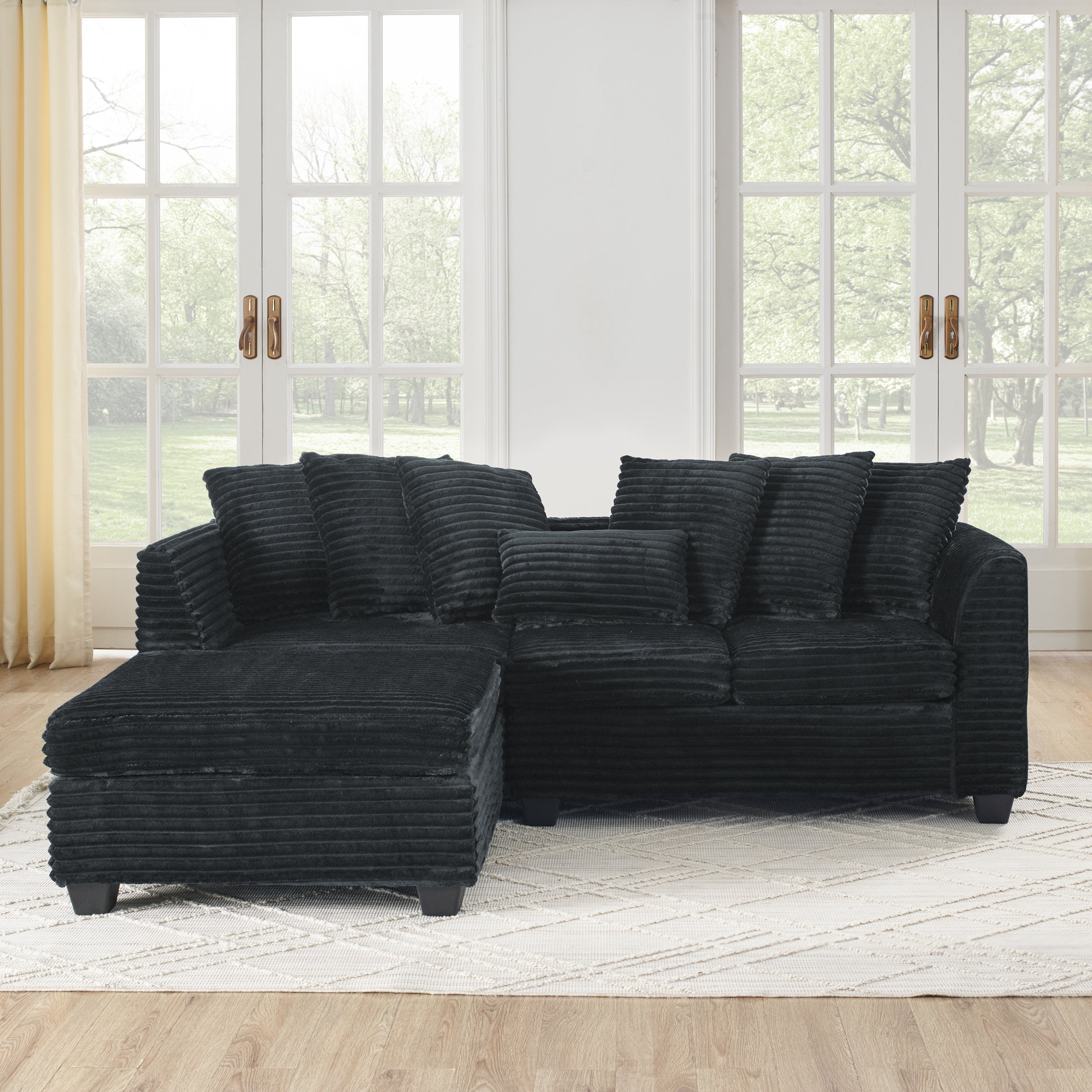 Corduroy Tufted Upholstered Sofa, L-Shaped Modular Convertible Sofa , Black