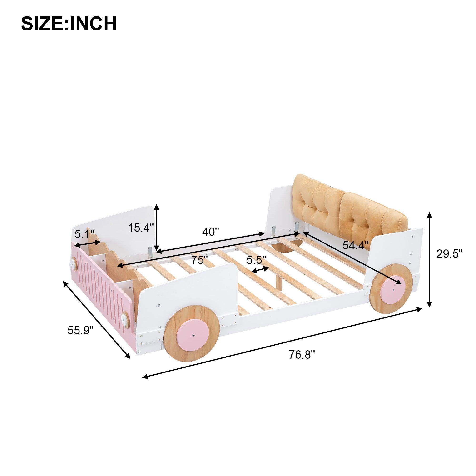 Full size Car-shaped platform bed with Soft cushion and shelves on the footboard, White