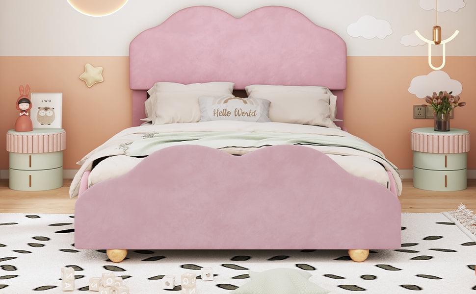 Full Size Upholstered Platform Bed with Cloud Shaped bed board, Light Pink