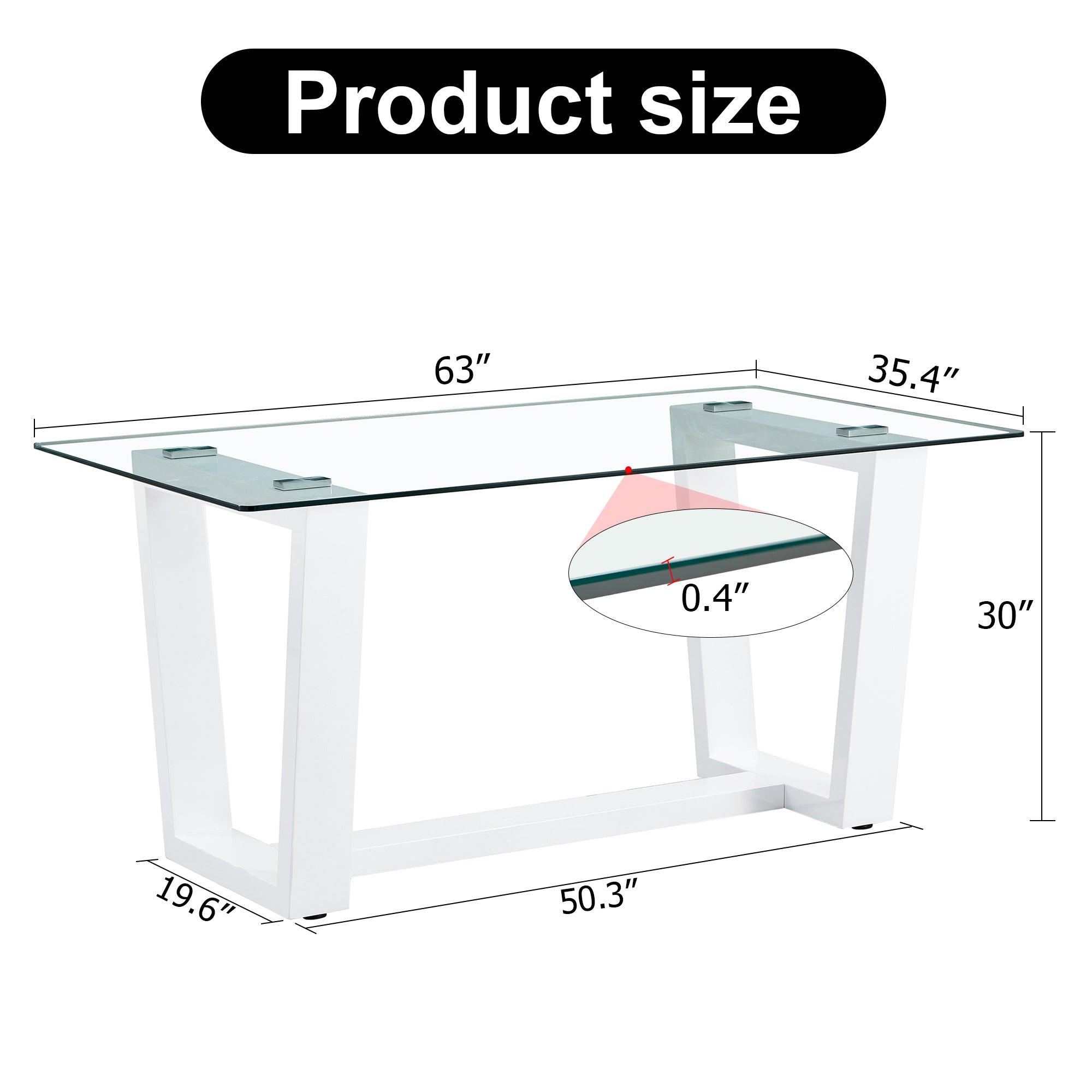 Glass Dining Table Large Modern Minimalist Rectangular for 6-8 with 0.4" Tempered Glass Tabletop and white MDF Trapezoid Bracket, For Kitchen Dining Living Meeting Room Banquet Hall