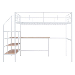 Full Size Metal Loft Bed with Desk and Lateral Storage Ladder, White