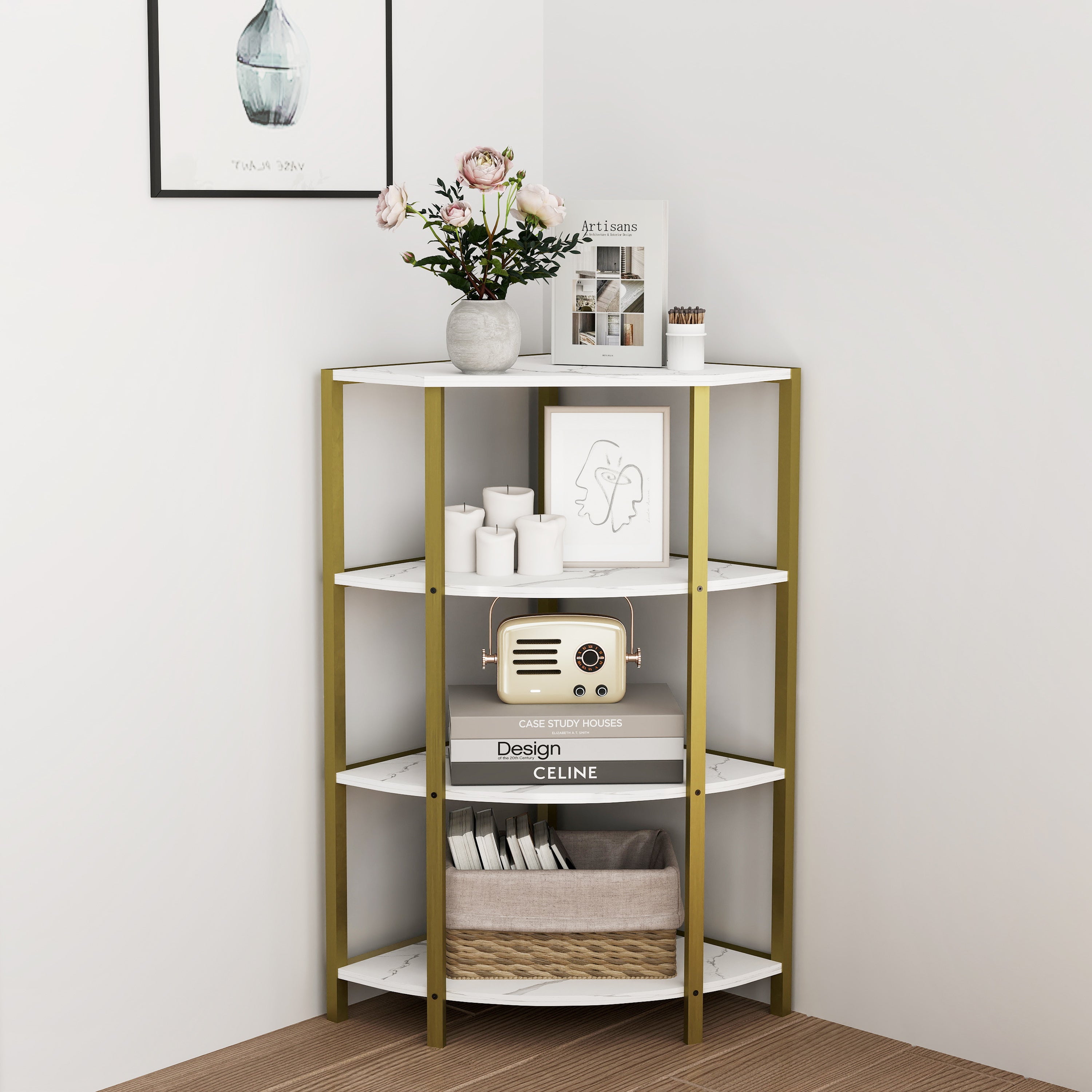 4-Tier Corner Open Shelf, Bookcase Freestanding Shelving Unit, Plant Stand Small Bookshelf for Living Room, Home Office, Kitchen, Small Space