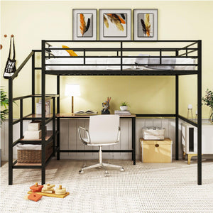 Full Size Metal Loft Bed with Desk and Lateral Storage Ladder, Black