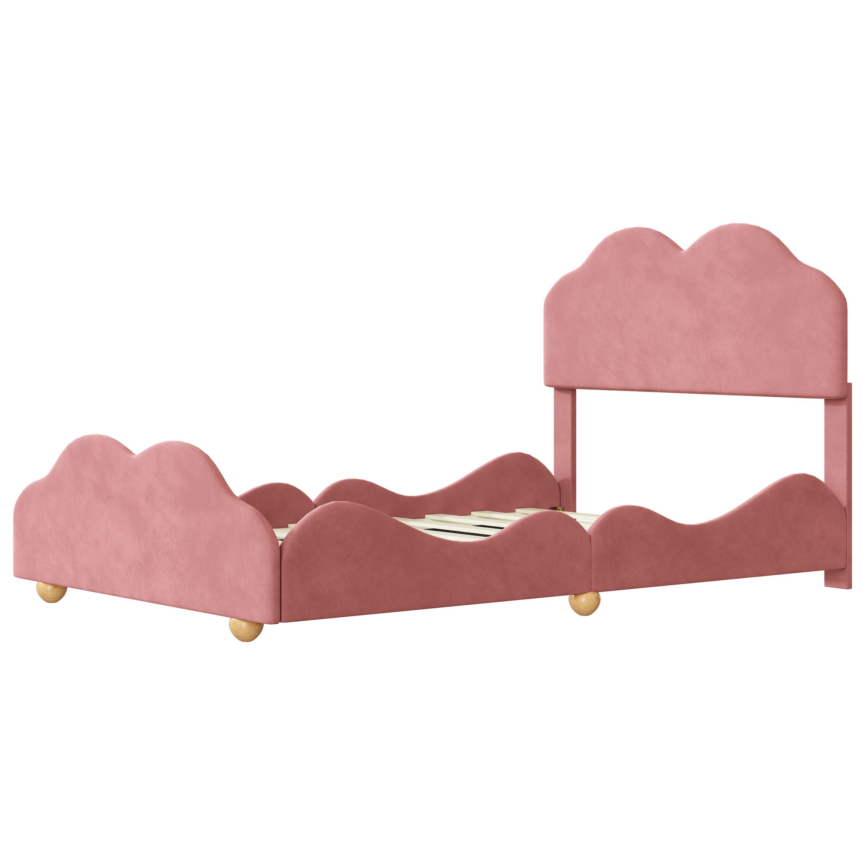 Full Size Upholstered Platform Bed with Cloud Shaped bed board, Dark Pink