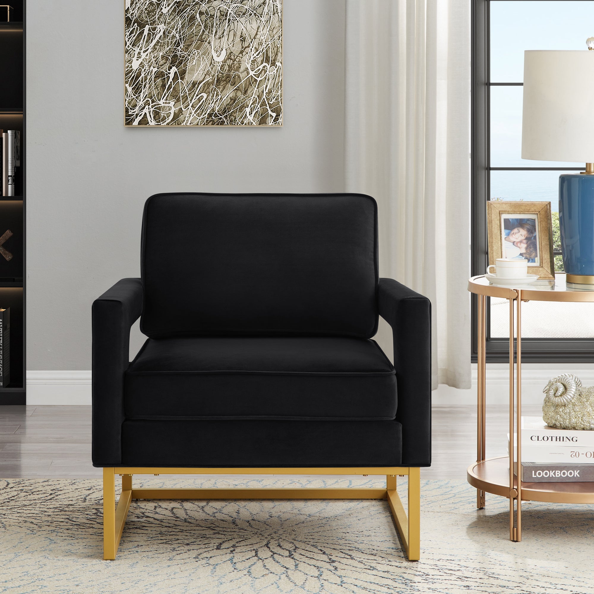 🆓🚛 Modern Style Accent Chair With Gold Metal Base, Velvet Upholstered Leisure Chair With Open Armrest, Armchair, Black