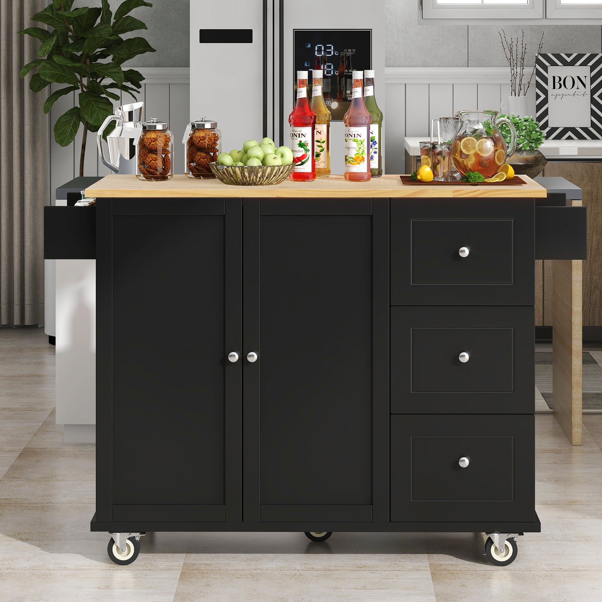 Rolling Mobile Kitchen Island With Solid Wood Top and Locking Wheels, 52.7 Inch Width, Storage Cabinet and Drop Leaf Breakfast Bar, Spice Rack, Towel Rack & Drawer (Black)