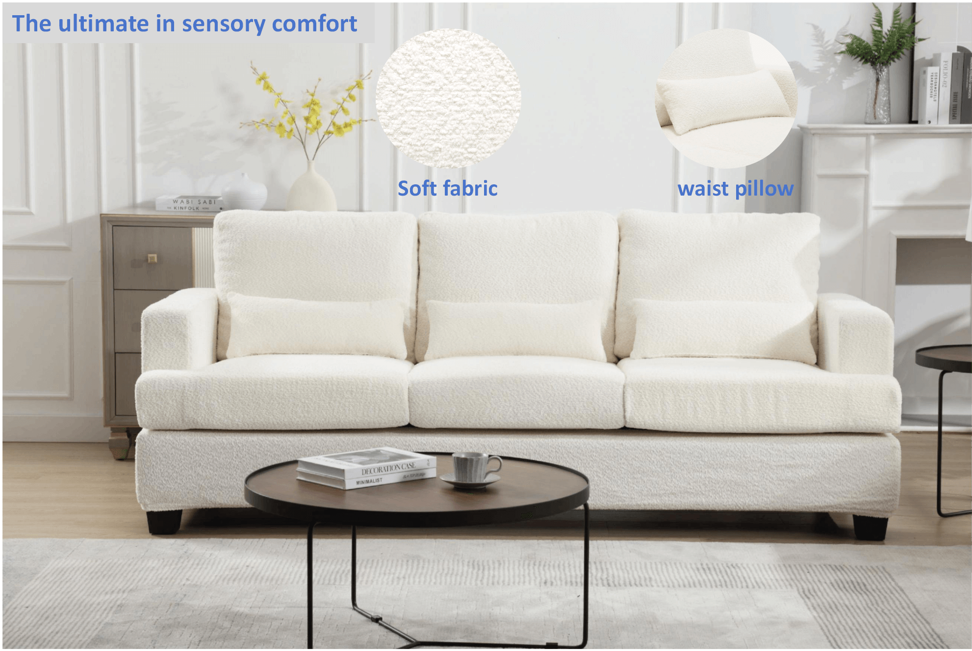 🆓🚛 88.4" Length Modern Sofa Couche for Living Room, Square Armrest, Removable Back Cushion & 3Pcs Waist Pillow, White