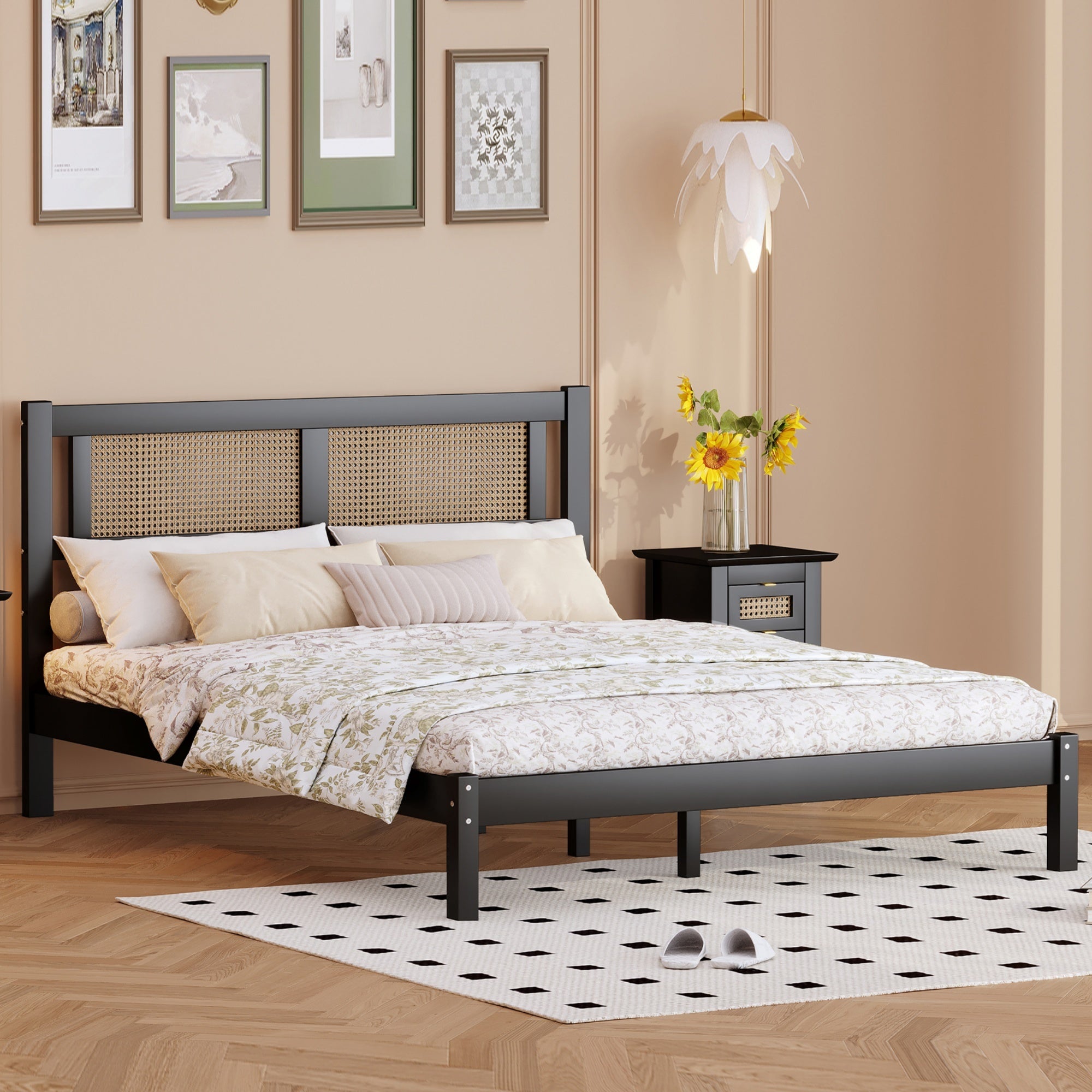 Full Size Wooden Platform Bed with Natural Rattan Headboard, Exquisite Elegance with Minimalist Charm for Bedroom, Black