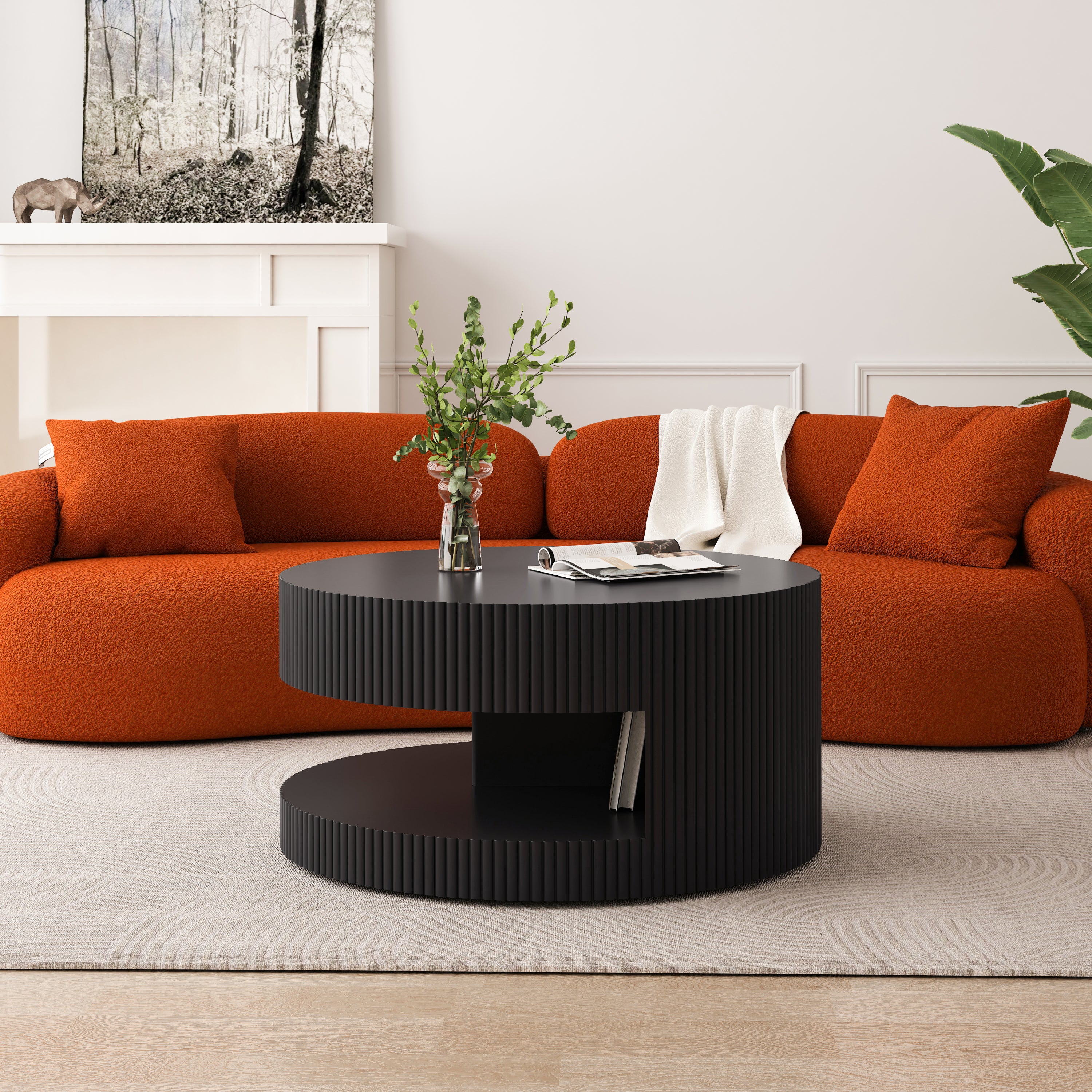 31.5'' Round Coffee Table, Modern Center Table With Storage, Vertical Stripe Design Coffee Table for Living Room, Bedroom (Black)