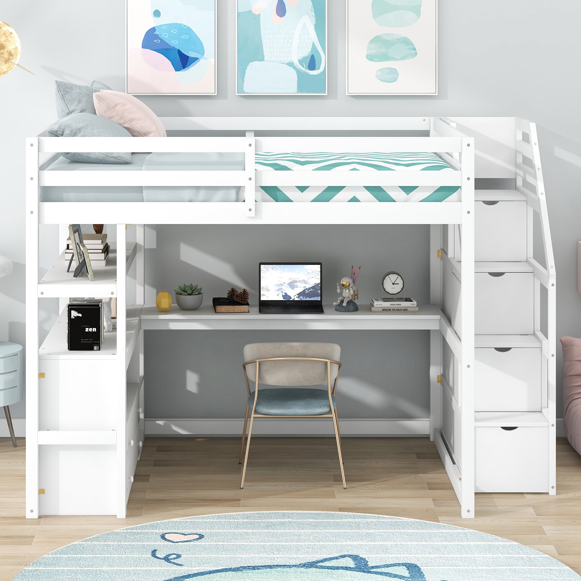 🆓🚛 Full Size Loft Bed With Desk and Shelves, Two Built-In Drawers, Storage Staircase, White