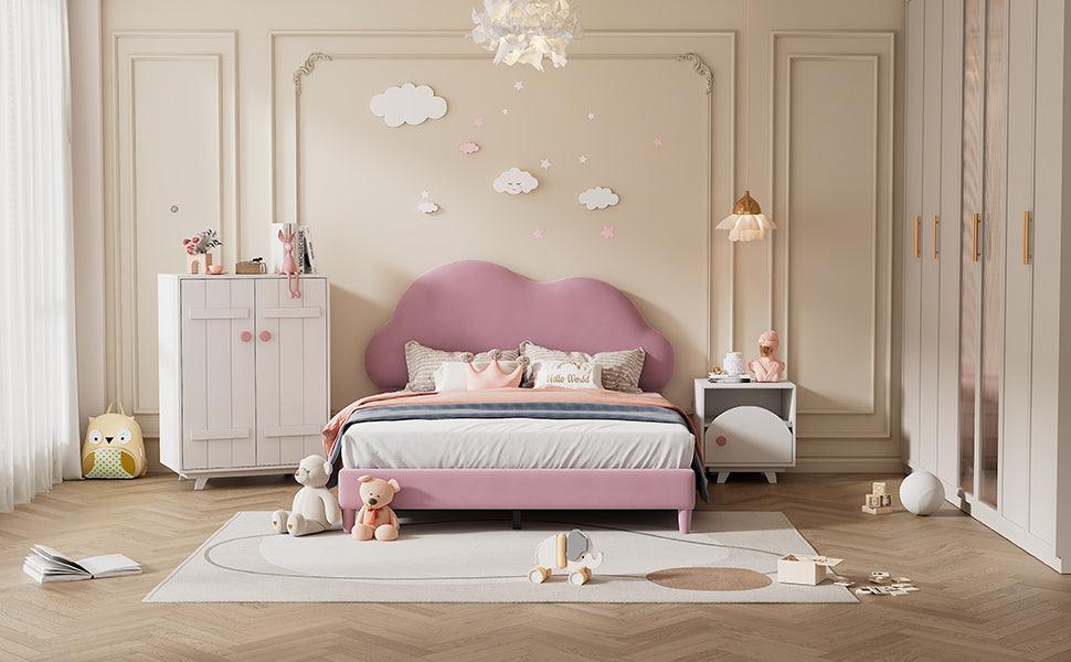 Full size Upholstered Cloud-Shape Bed , Velvet Platform Bed with Headboard, No Box-spring Needed, Pink