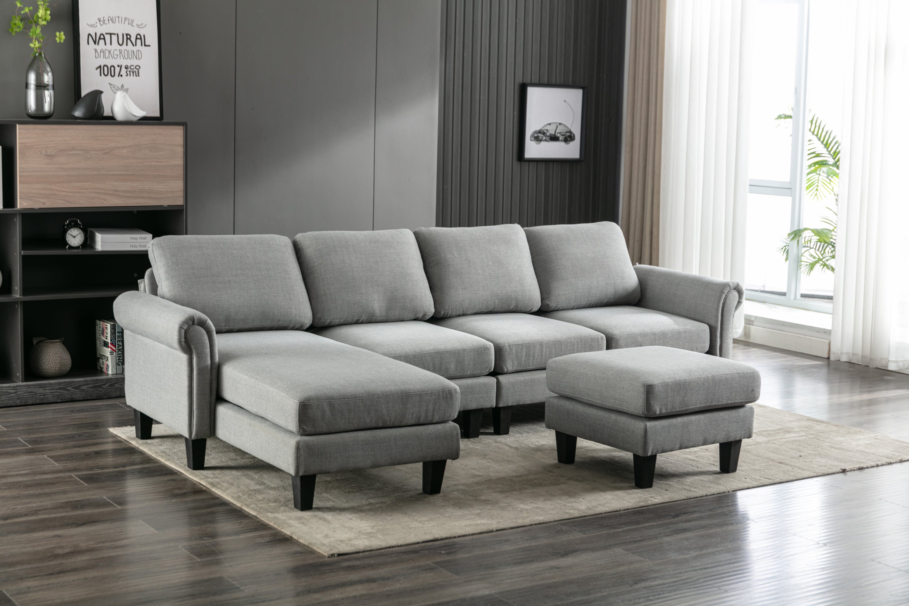 🆓🚛 108" L-Shaped 4-Seater Sectional Sofa Couch With Ottoman, Light Gray