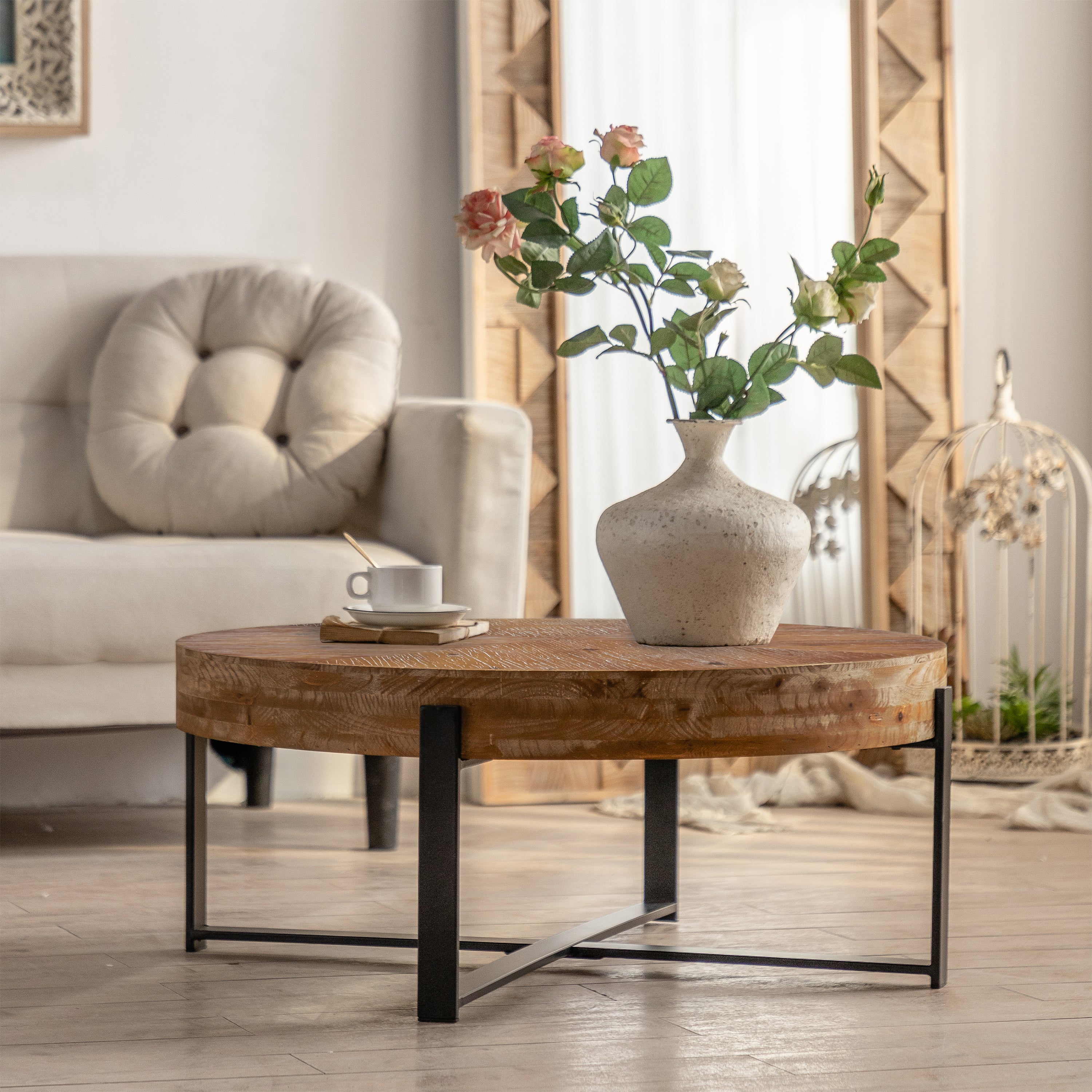 31.29" Modern Retro Splicing Round Coffee Table, Fir Wood Table Top With Cross Legs Metal Base