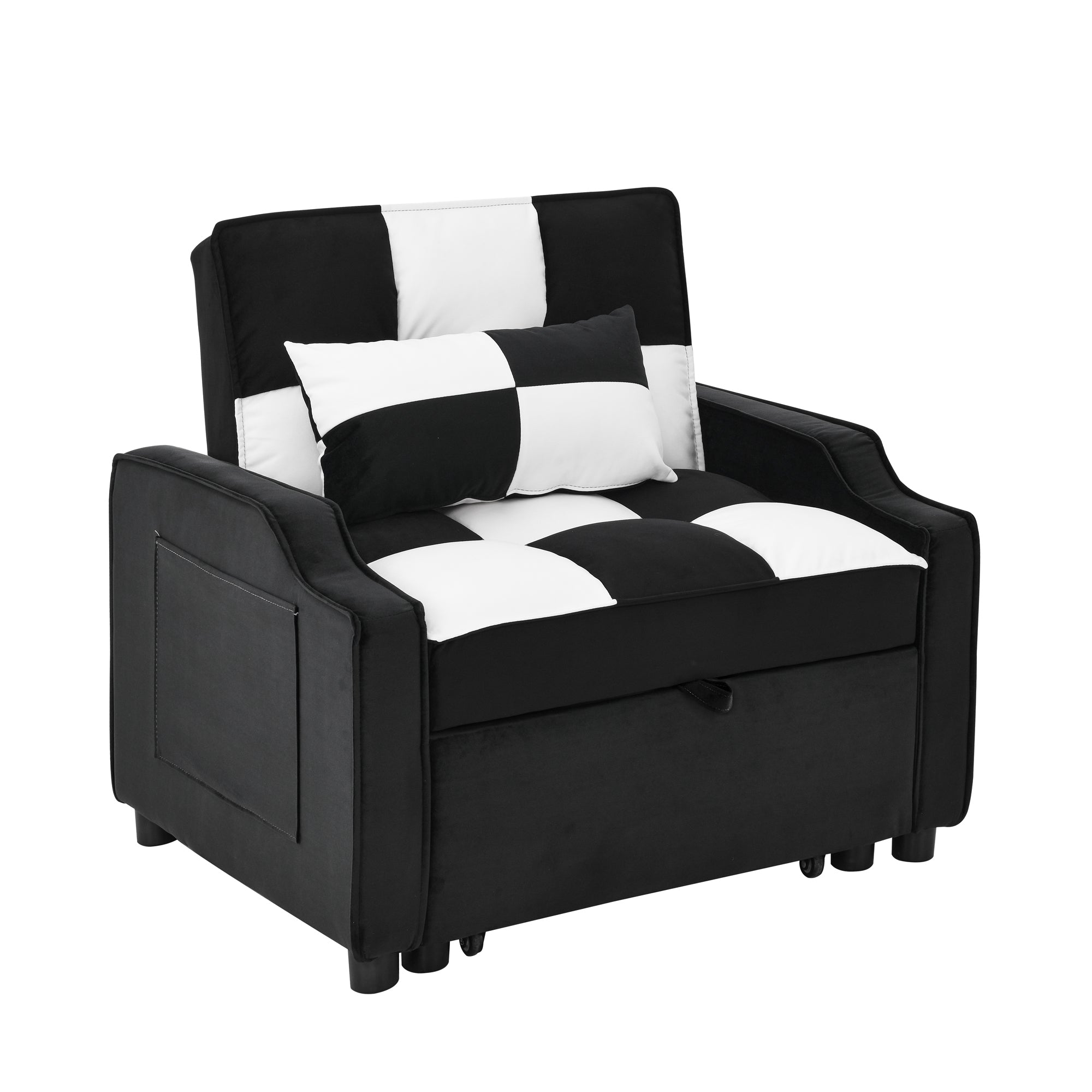 Modern Velvet Armchair Sofa Couch Pull Out Bed, 3 In One Convertible for Living Room Sofa Bed, Black & White (Chess Board)