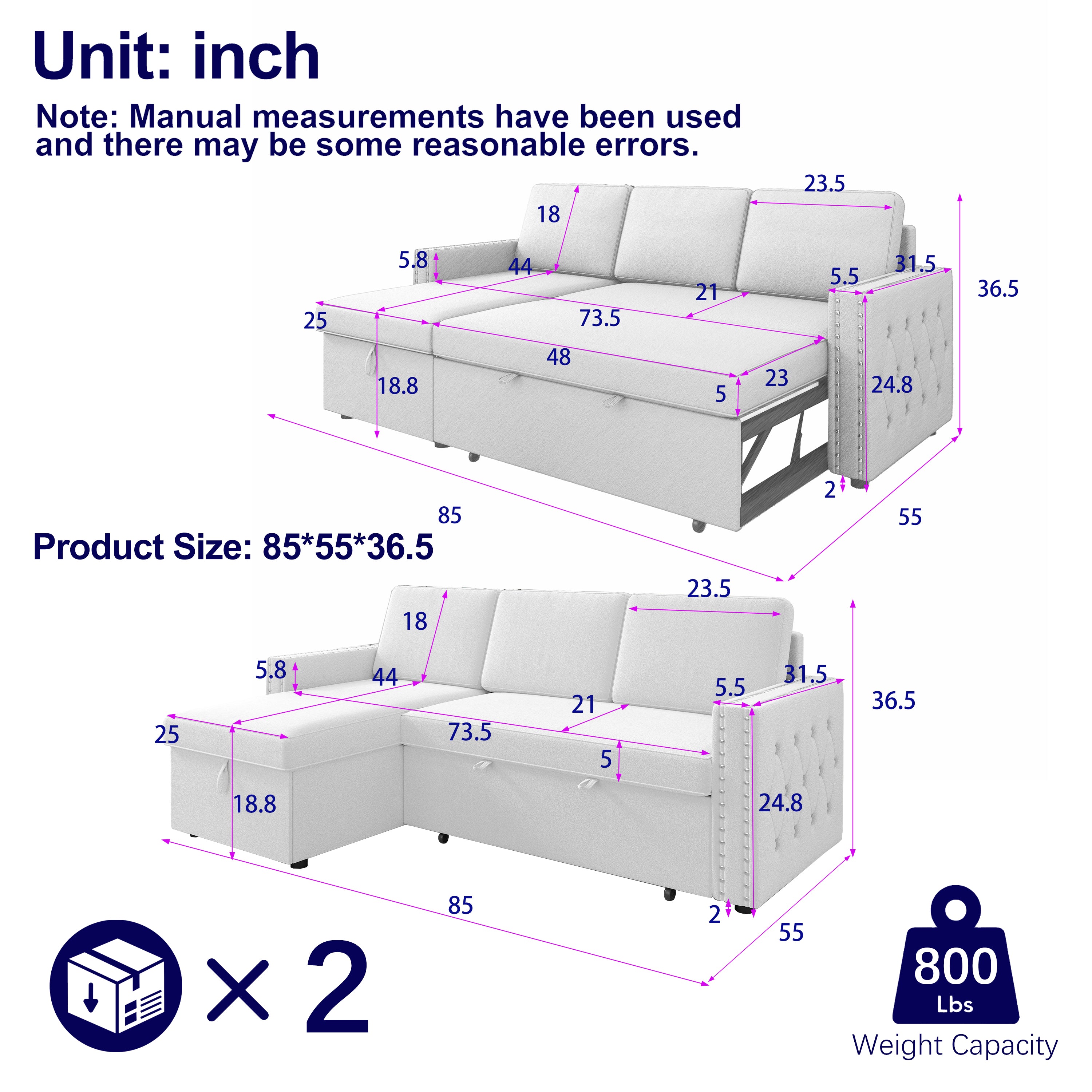 85" Sofa Bed, 3 Seater Sleeper Sofa with Storage Chaise, Square Handrail With Pull and Copper Nail, Chenille , Pull Out Couch for Living Room