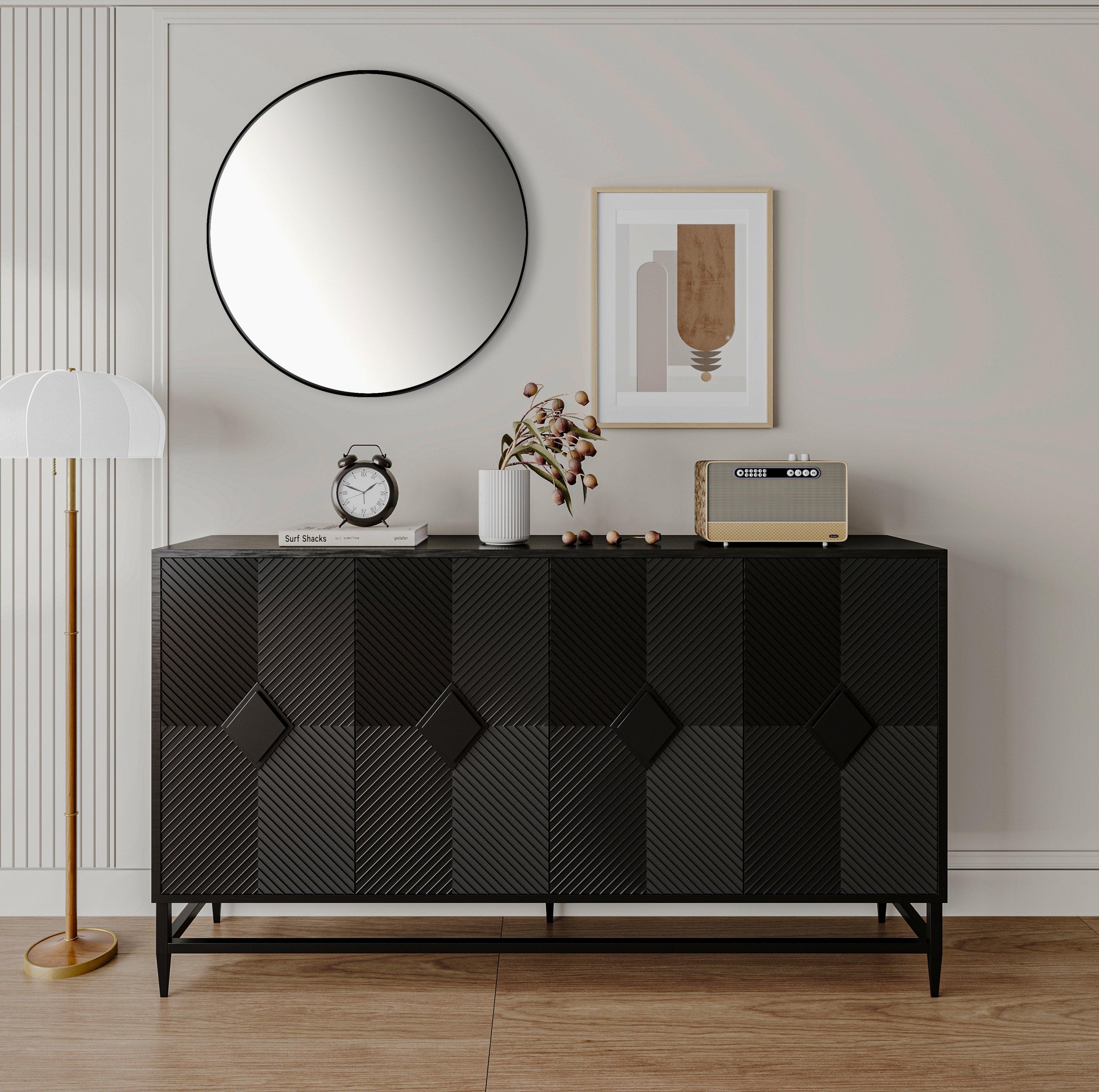 🆓🚛 Accent Black Lacquered 4 Door Wooden Cabinet Sideboard Buffet Server Cabinet Storage Cabinet, for Living Room, Entryway, Hallway, Office, Kitchen & Dining Room