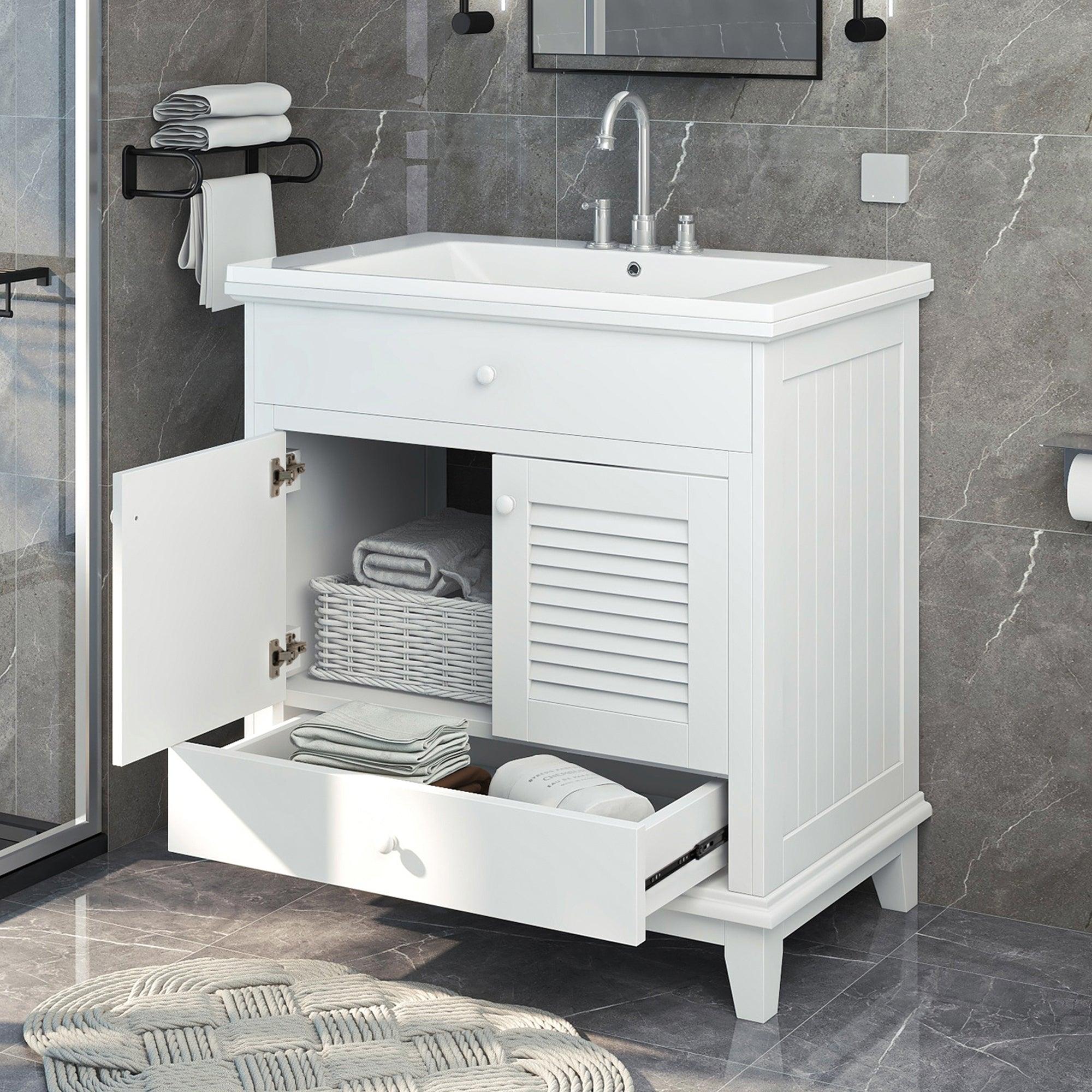 🆓🚛 30" Bathroom Vanity With Sink, Bathroom Cabinet With Two Doors & One Drawer, White