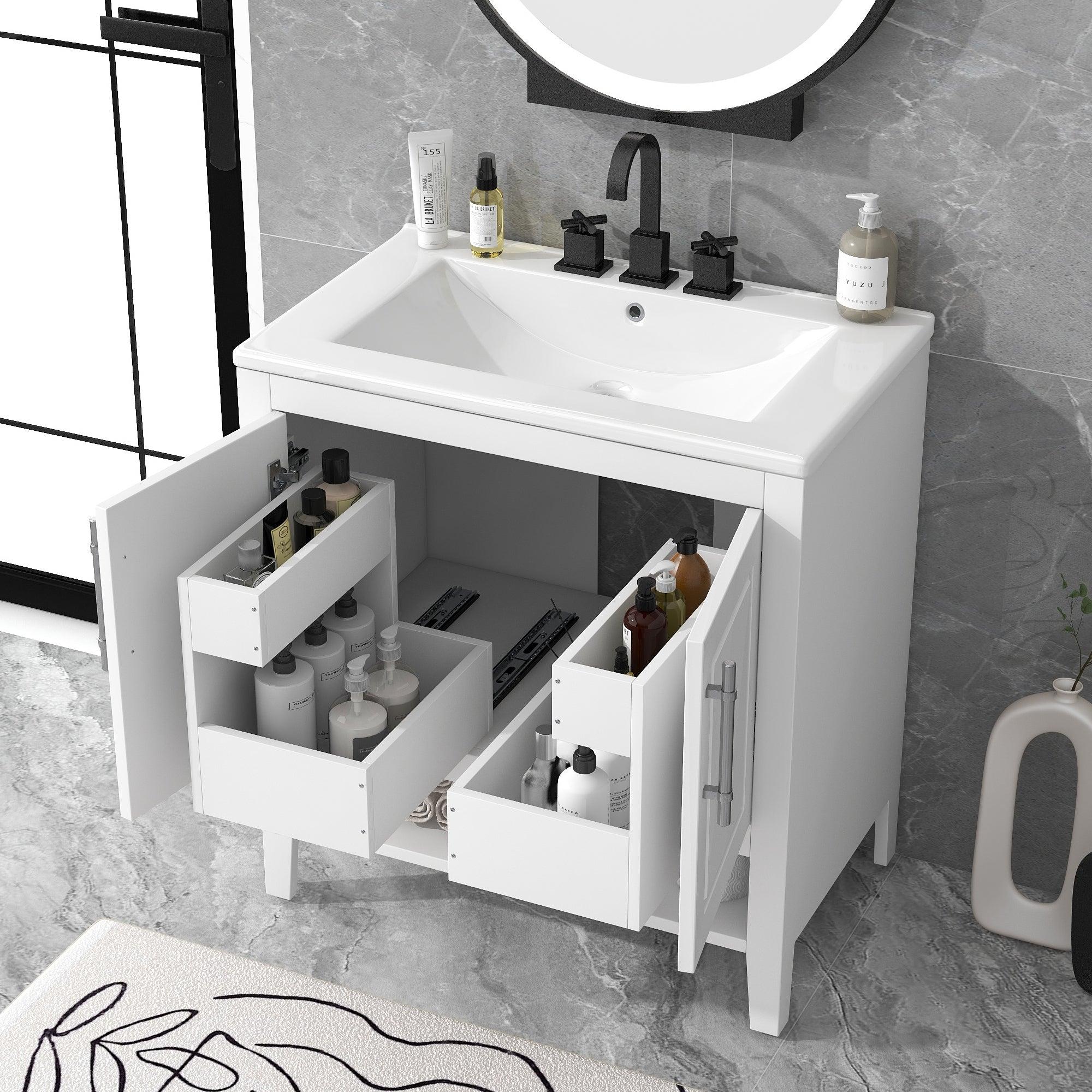 🆓🚛 30" Bathroom Vanity With Sink, Multi-Functional Bathroom Cabinet With Doors & Drawers, Solid Frame & Mdf Board, White