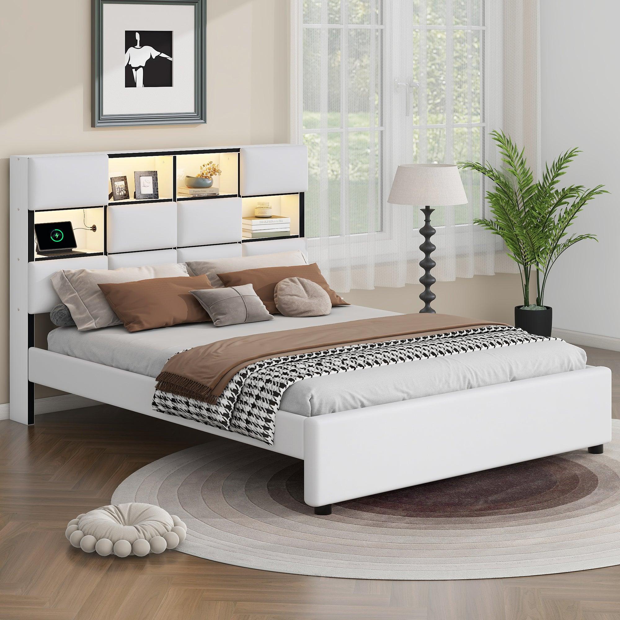 🆓🚛 Queen Size Upholstered Platform Bed with LED, Storage and USB, Beige