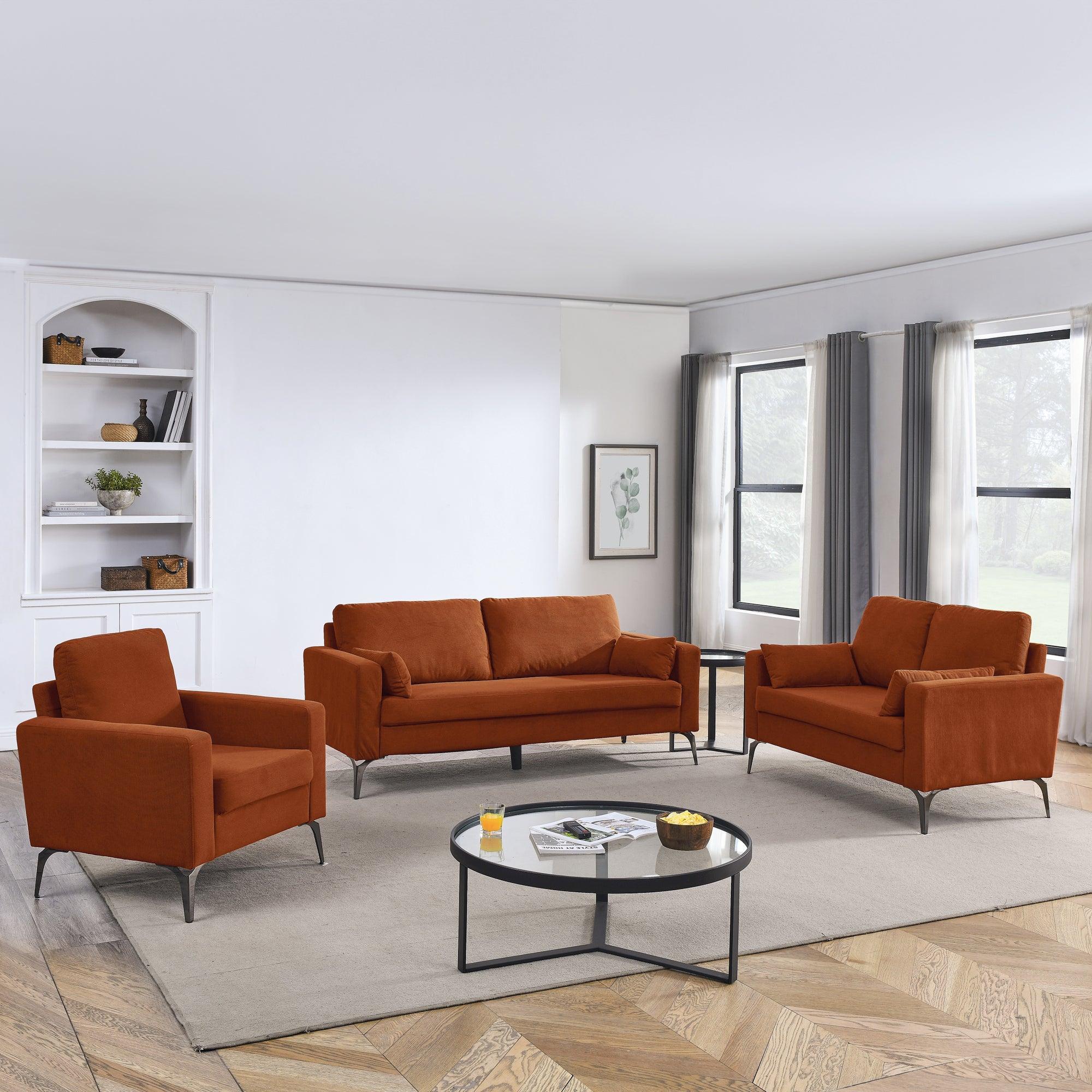 🆓🚛 3 Piece Living Room Sofa Set, Including 3-Seater Sofa, Loveseat & Sofa Chair, With Two Small Pillows, Corduroy Orange