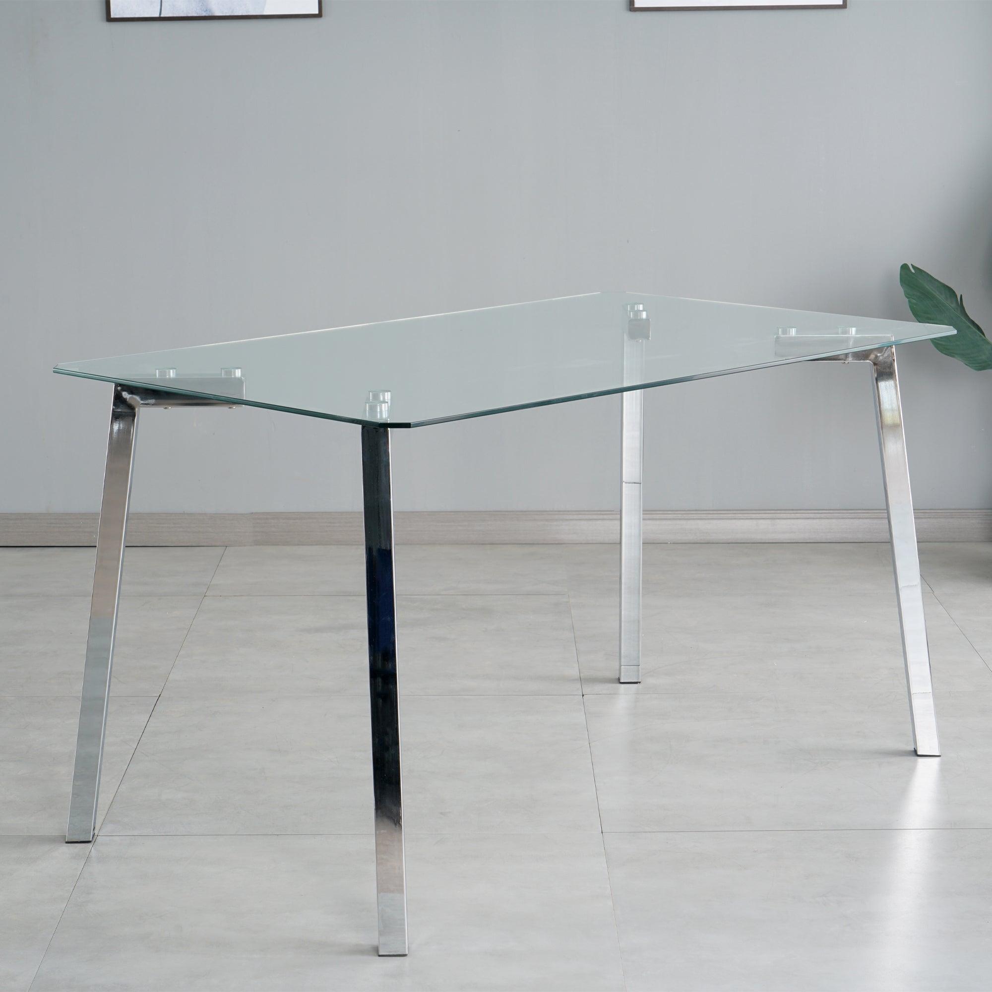 🆓🚛 Modern Minimalist Rectangle Glass Dining Table, Transparent Glass Tabletop & Electroplate Metal Legs, Suitable for Kitchens, Restaurants, & Living Rooms