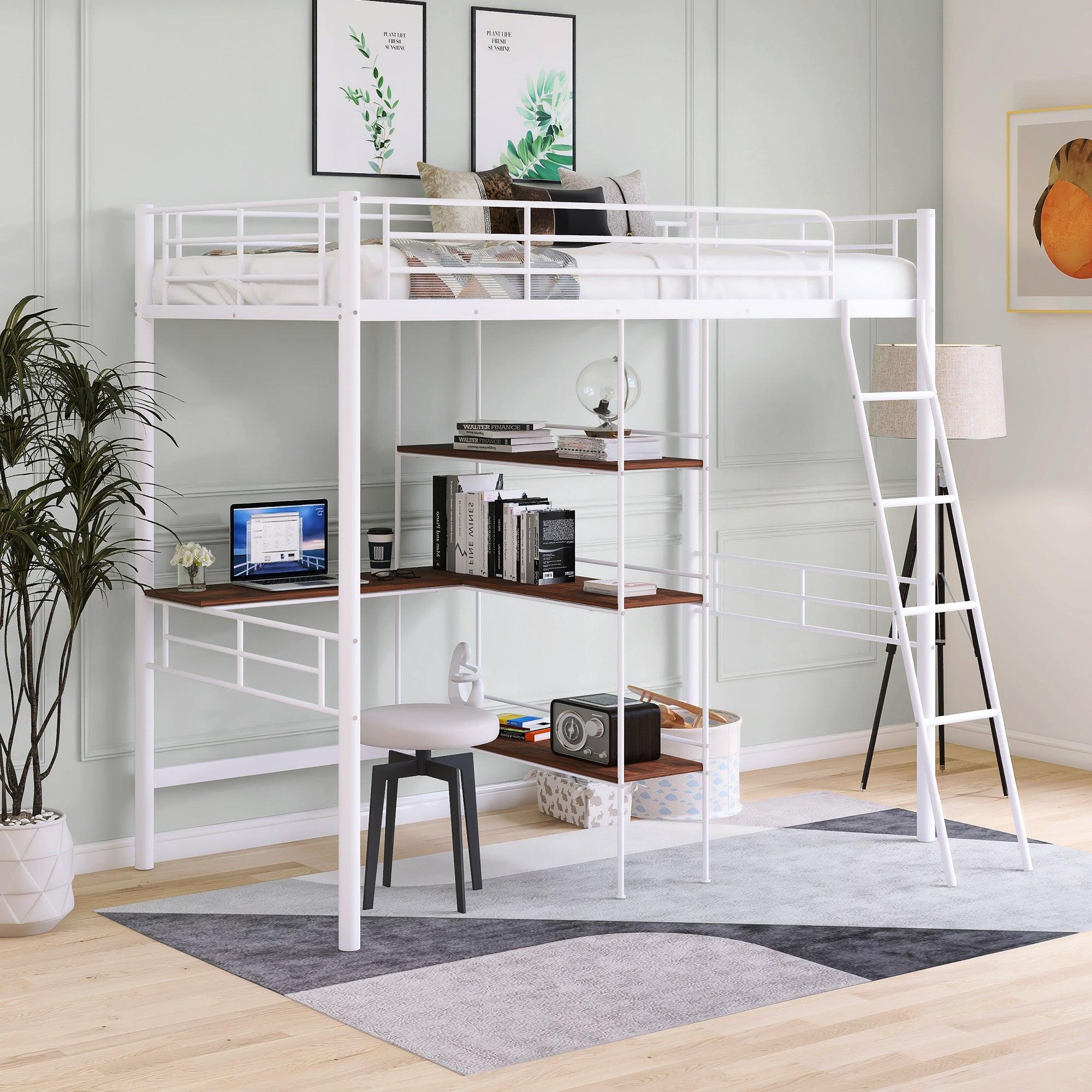 🆓🚛 Twin Size Metal Loft Bed & Built-in Desk & Shelves, White