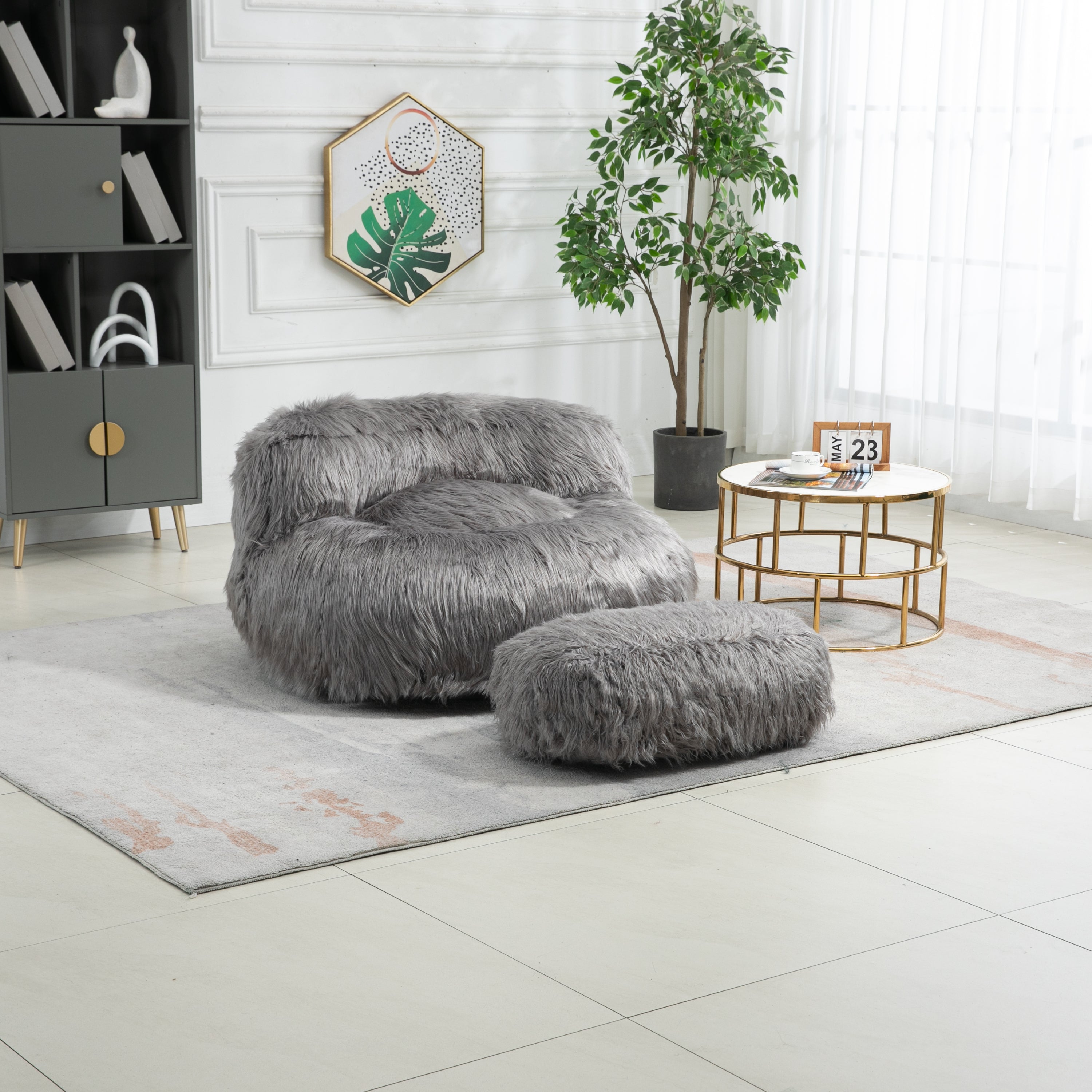 🆓🚛 Bean Bag Chair Faux Fur Lazy Sofa + Footstool, Durable Comfort Lounger High Back Bean Bag Chair Couch for Adults and Kids, Gray