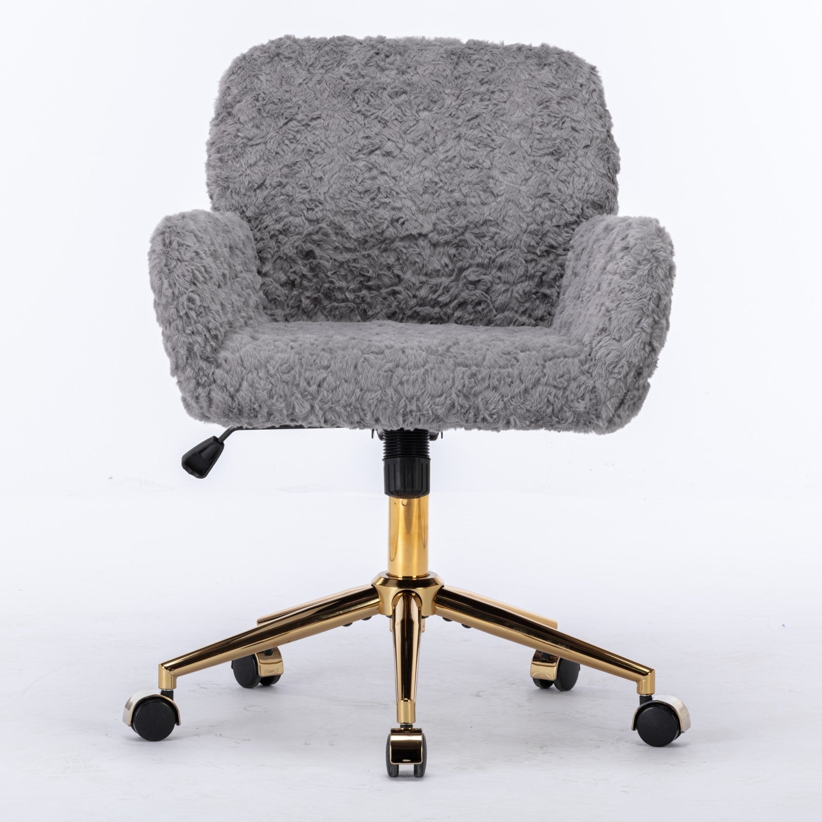 🆓🚛 Furniture Office Chair, Artificial Rabbit Hair Home Office Chair With Golden Metal Base, Adjustable Desk Chair Swivel Office Chair, Vanity Chair, Gray