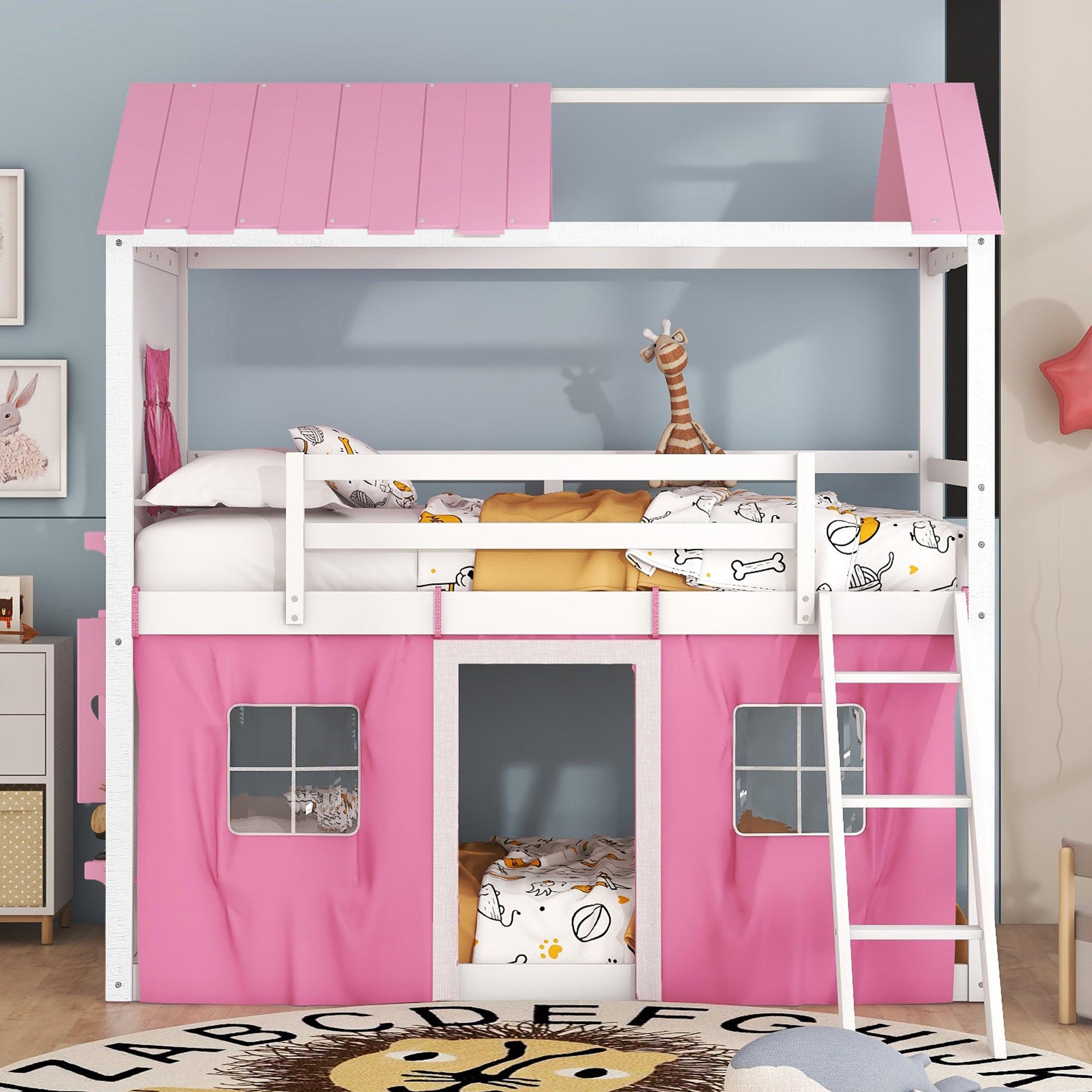 🆓🚛 Twin Size Bunk Wood House Bed With Elegant Windows, Sills & Tent, Pink+White