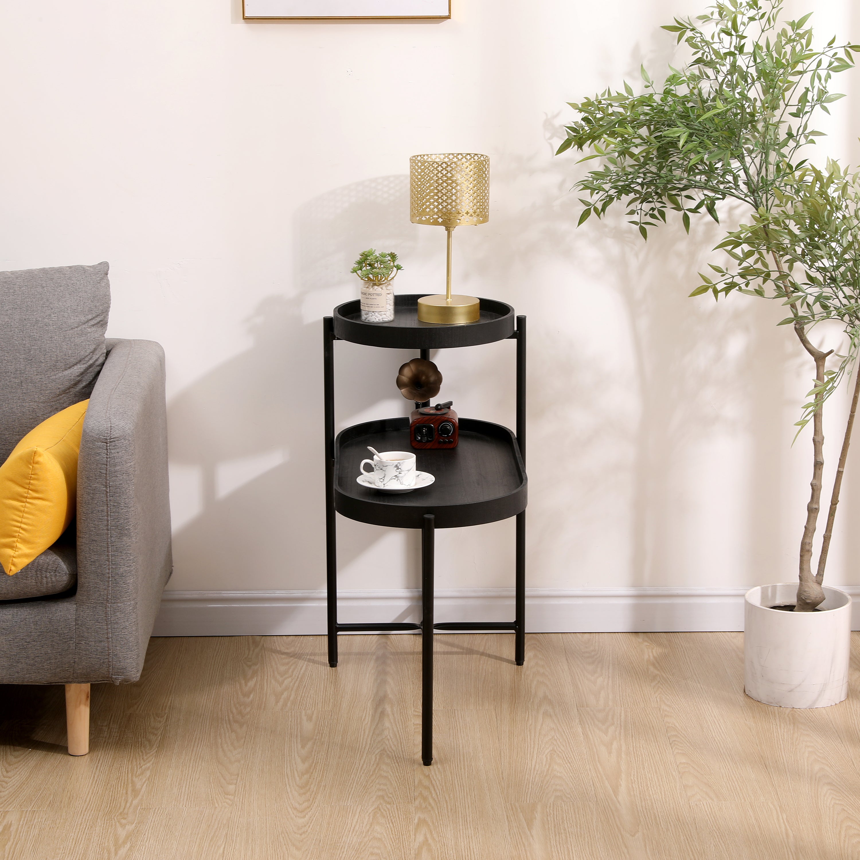 2-Tier Black Side Table With Storage Sofa Table for Living Room Metal Frame & Wooden Desk End Table