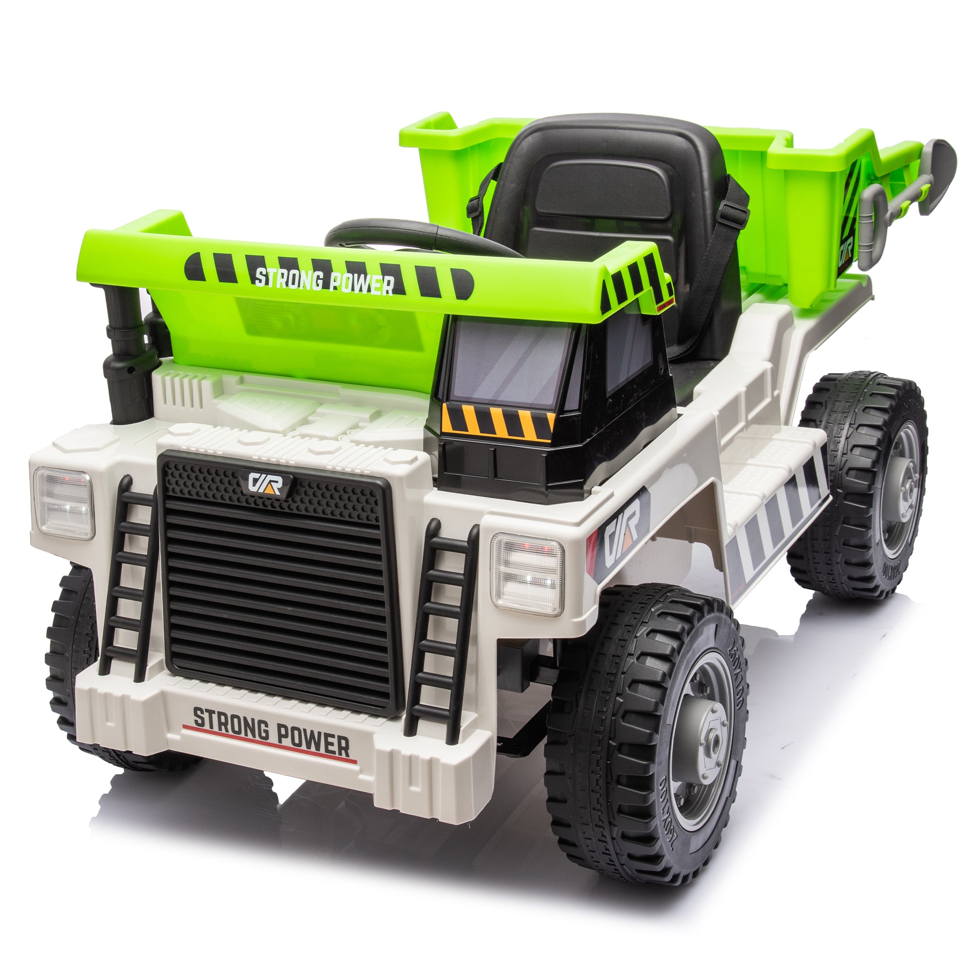 🆓🚛 Ride On Dump Truck, 12V Ride On Car With Parents Control, Electric Dump Bed and Extra Shovel, Phone Stand, Three-Point Seat Belt, Easy Installation, Age 3+, Mp3, Music, Bluetooth, USB, Green & White