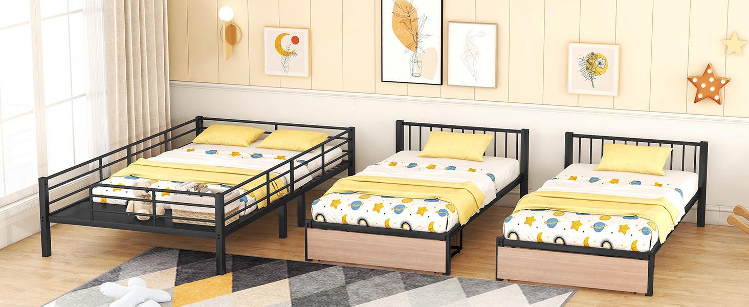 Full Over Twin & Twin Triple Bunk Bed with Drawers, Multi-functional Metal Frame Bed with desks and shelves in the middle, Black