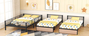 Full Over Twin & Twin Triple Bunk Bed with Drawers, Multi-functional Metal Frame Bed with desks and shelves in the middle, Black