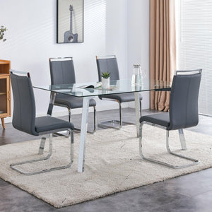 A Modern Minimalist Rectangular Glass Dining Table With Tempered Glass Tabletop And Silver Metal Legs, Suitable For Kitchens, Restaurants, And Living Rooms, 63"*35.4"*30"