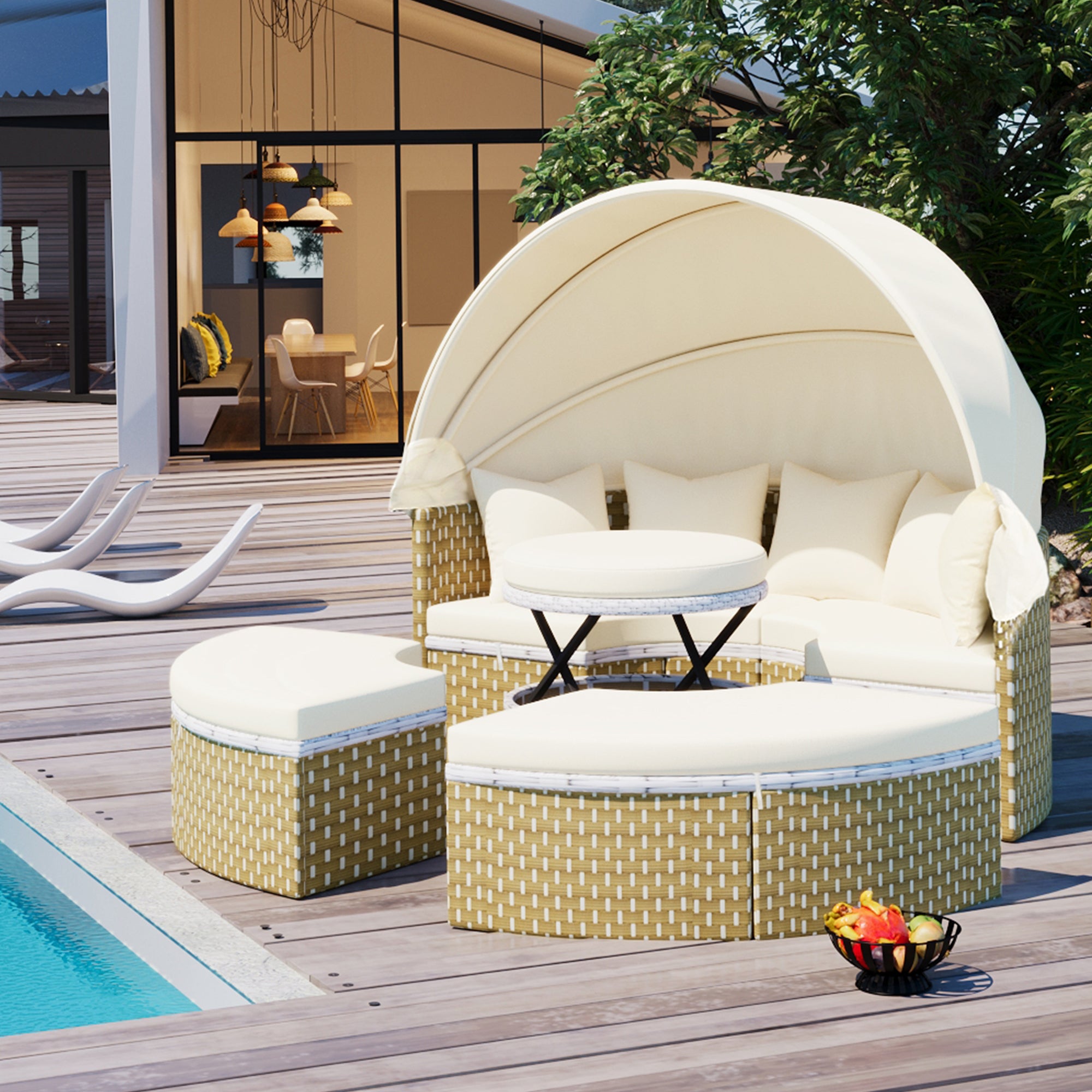 🆓🚛 Patio Furniture Round Outdoor Sectional Sofa Set Rattan Daybed Two-Tone Weave Sunbed With Retractable Canopy, Separate Seating and Removable Cushion, Beige