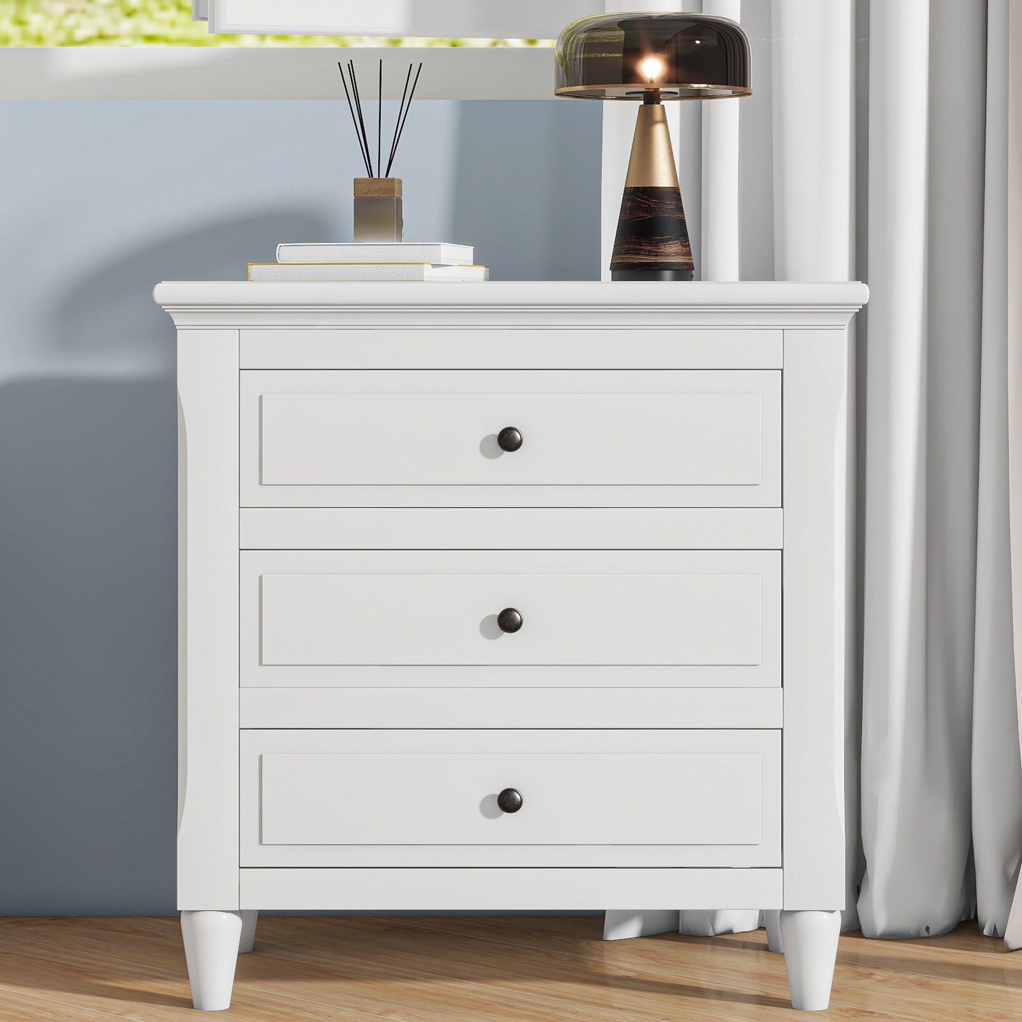 🆓🚛 3-Drawer Nightstand Storage Wood Cabinet, White