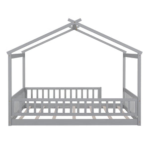 Full Size Wood Bed House Bed Frame with Fence, for Kids, Teens, Girls, Boys, Gray