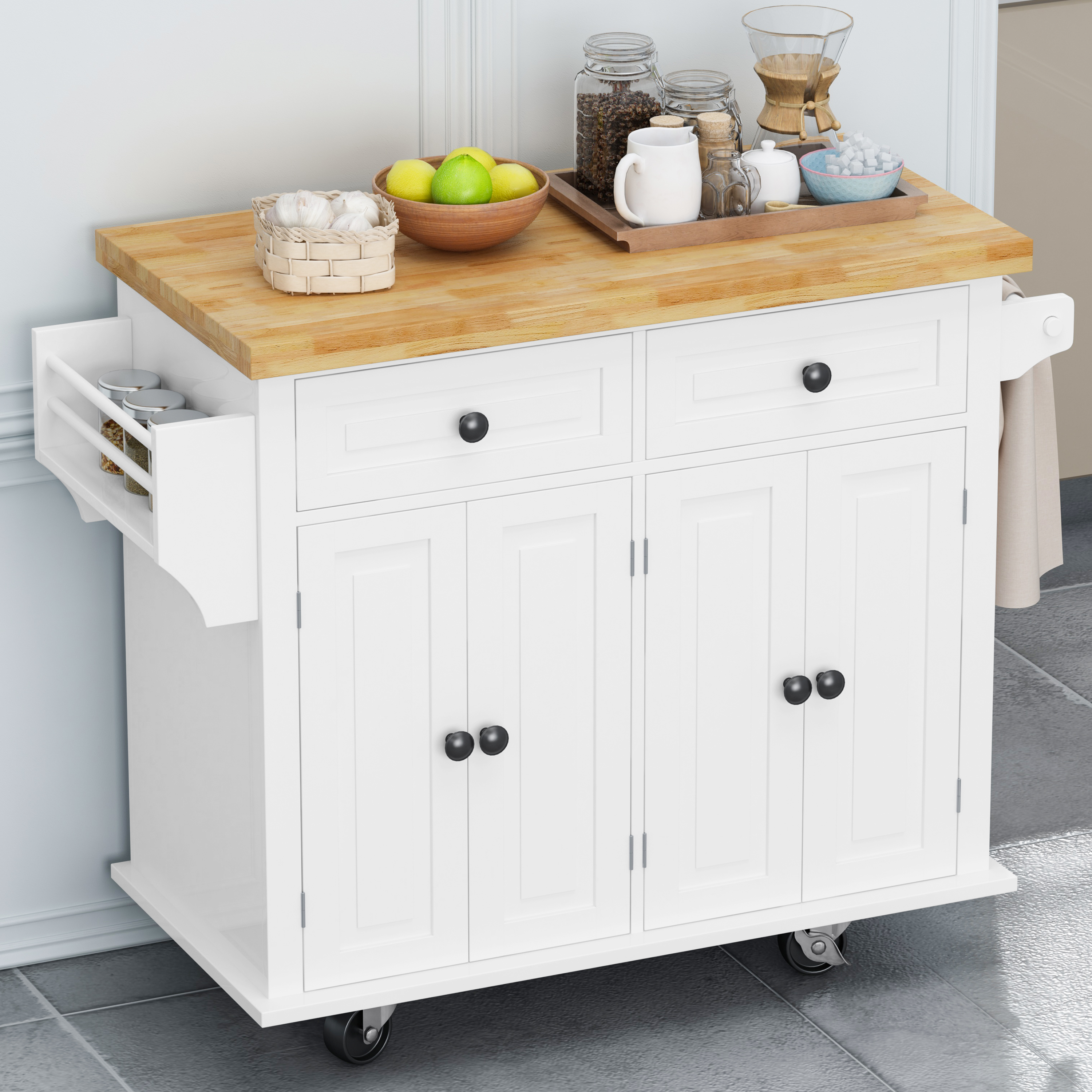🆓🚛 Kitchen Island Cart With Two Storage Cabinets and Two Locking Wheels, 43.31" Width, 4 Door Cabinet and Two Drawers, Spice Rack, Towel Rack, White