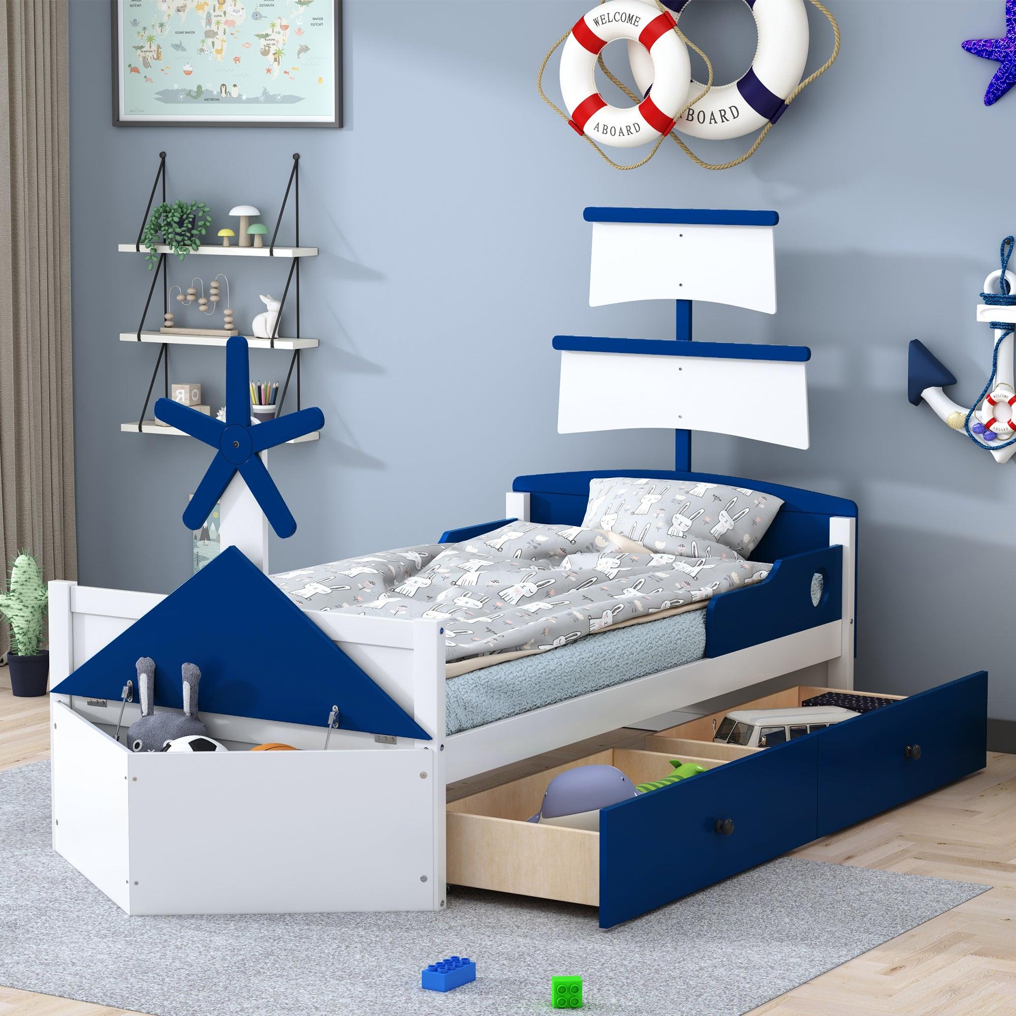 🆓🚛 Twin Size Boat-Shaped Platform Bed With 2 Drawers, Twin Bed With Storage for Bedroom, Blue