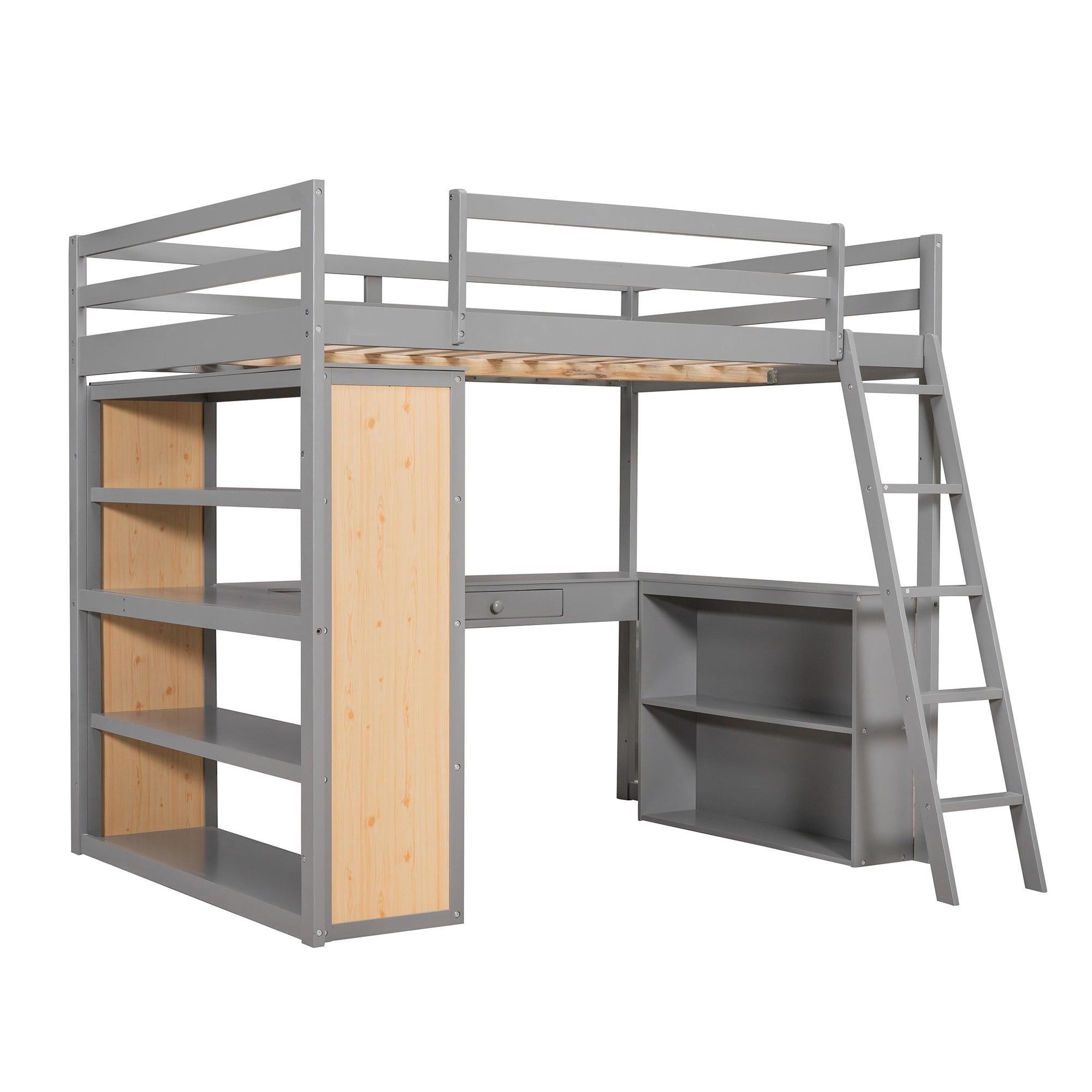 Full Size Loft Bed with Ladder, Shelves, and Desk, Gray